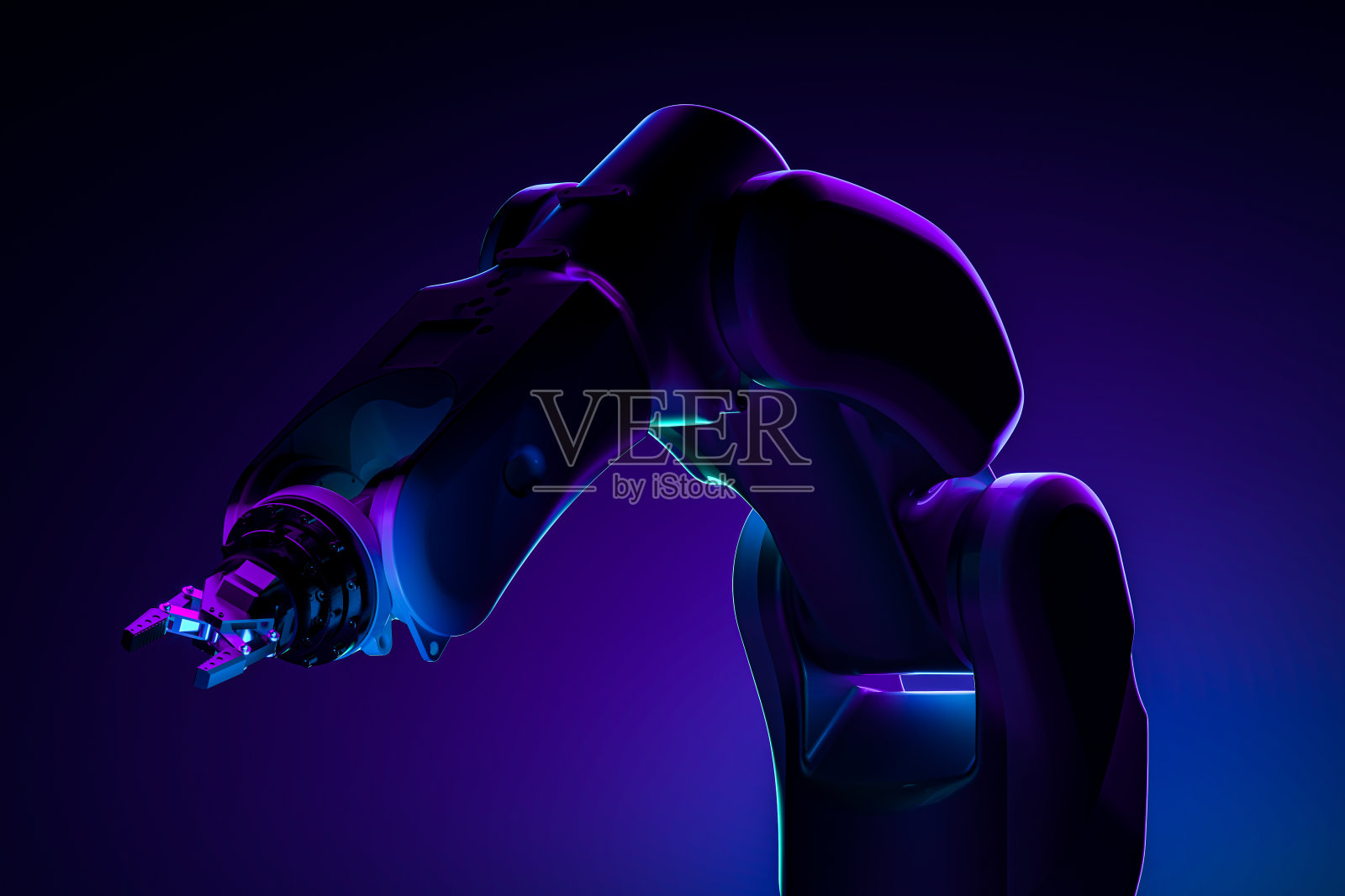 在霓虹灯照亮的黑暗背景上逼真的机器人机械臂。人工智能,3d渲染照片摄影图片