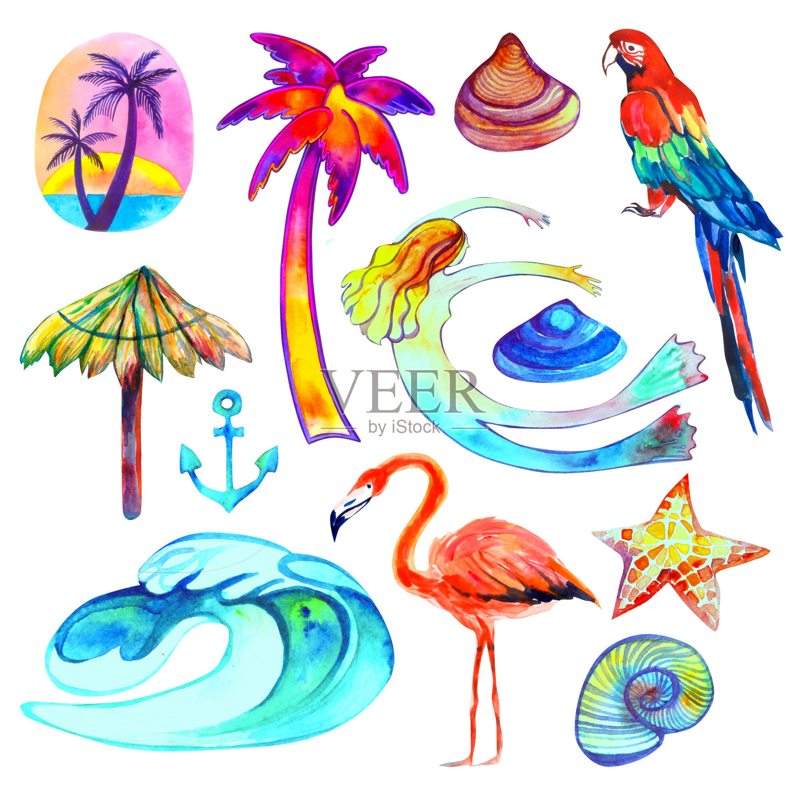 夏季热带天堂元素设置。明亮的水彩手绘风格孤立在白色插画图片素材