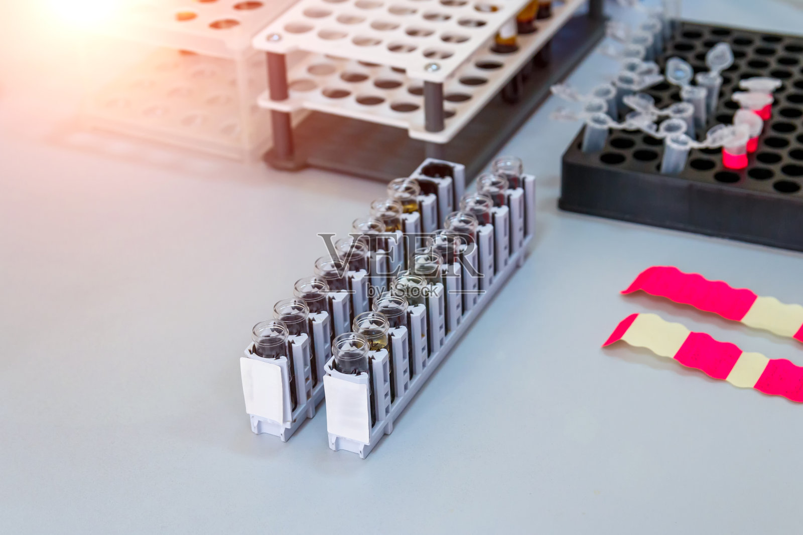 实验室塑料架上的Eppendorf管。照片摄影图片