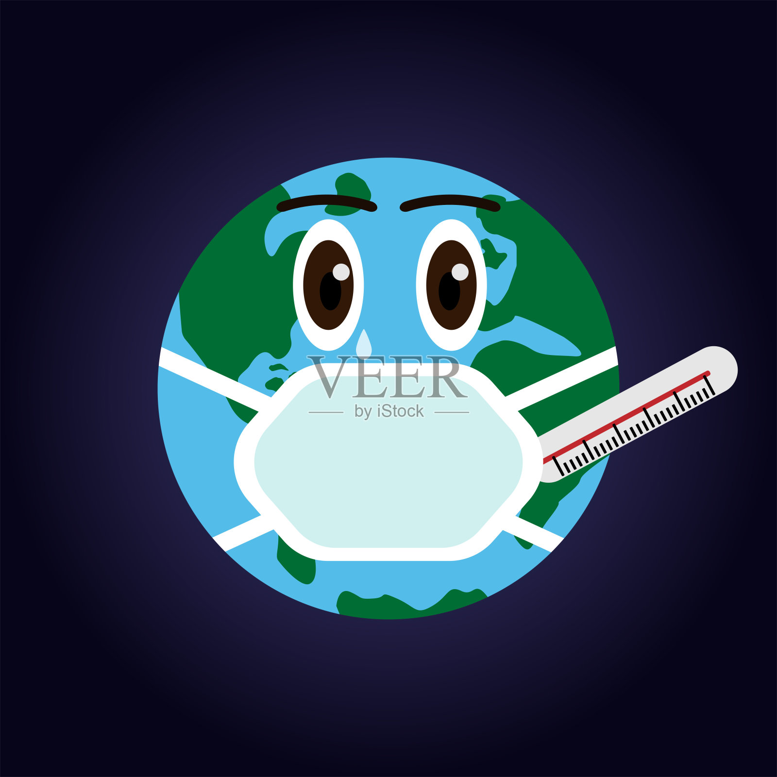 生病的地球戴着防护面具,带着温度计。卡通矢量插图。插画图片素材