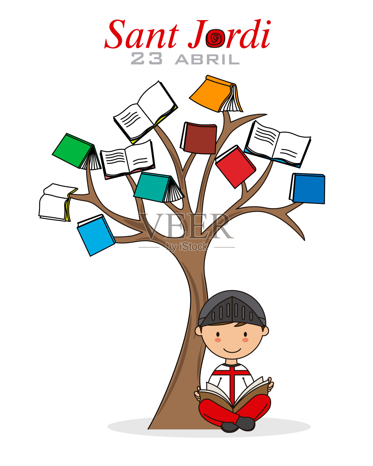 桑特乔迪。加泰罗尼亚的传统庆祝活动。树与书,骑士阅读插画图片素材