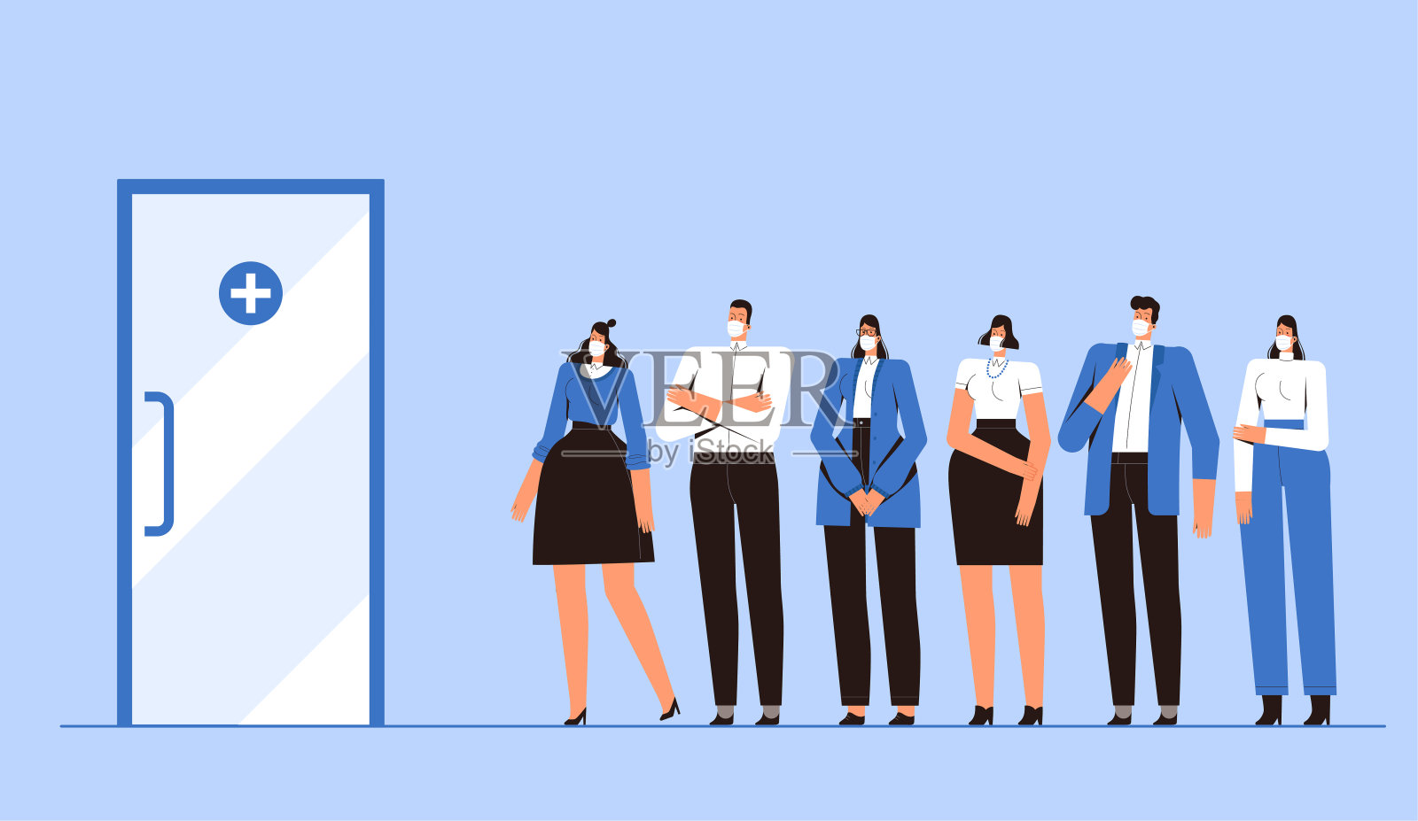 人们戴着医用口罩排队看病。新型冠状病毒的诊断。青年男女注意自己的健康。抗击新型冠状病毒的概念插画图片素材