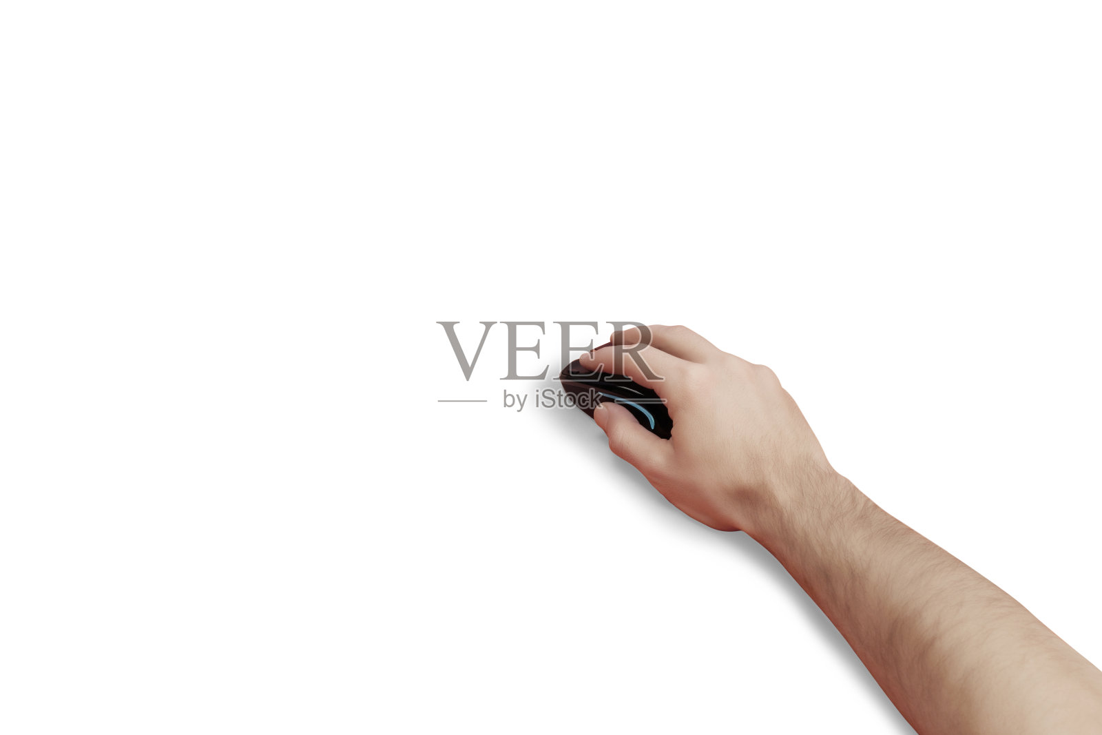 白色背景上一只男性手握鼠标照片摄影图片