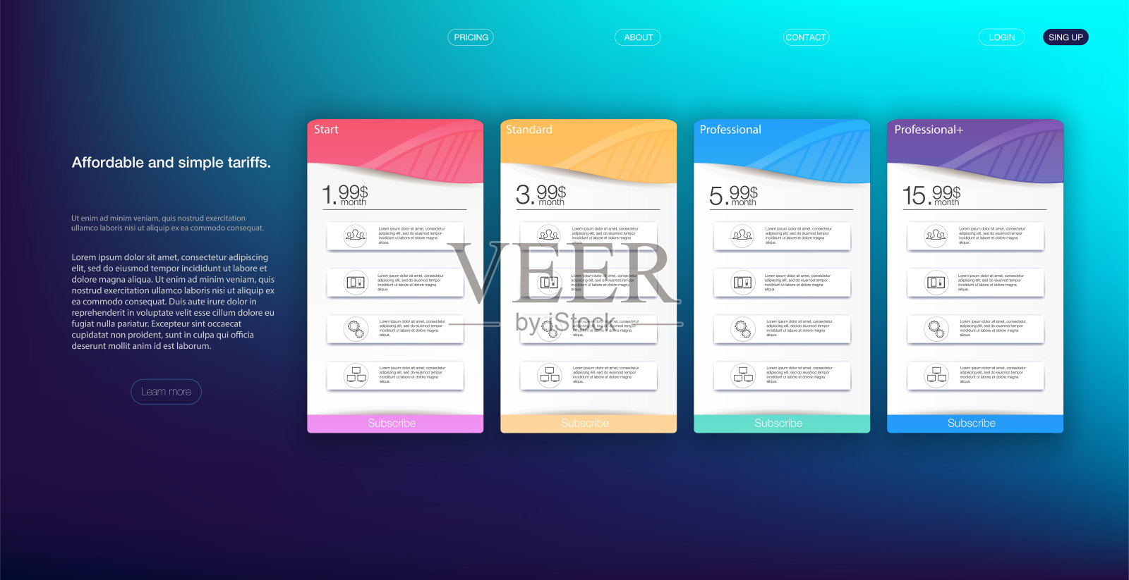 四选项定价表价格比较表。插画图片素材