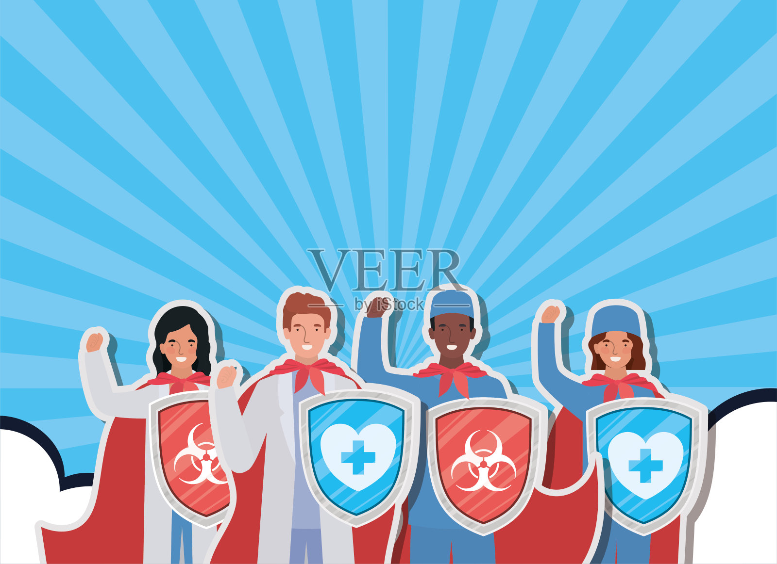 男女医生英雄披风护盾设计2019新型冠状病毒载体插画图片素材