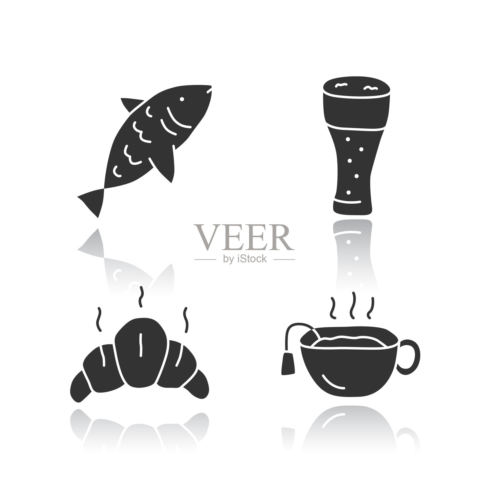 饮料与零食光泽图标集。有害和健康的饮料与开胃菜剪影符号。鱼、啤酒杯、牛角面包和热茶病媒分离例证。美味的食物插画图片素材