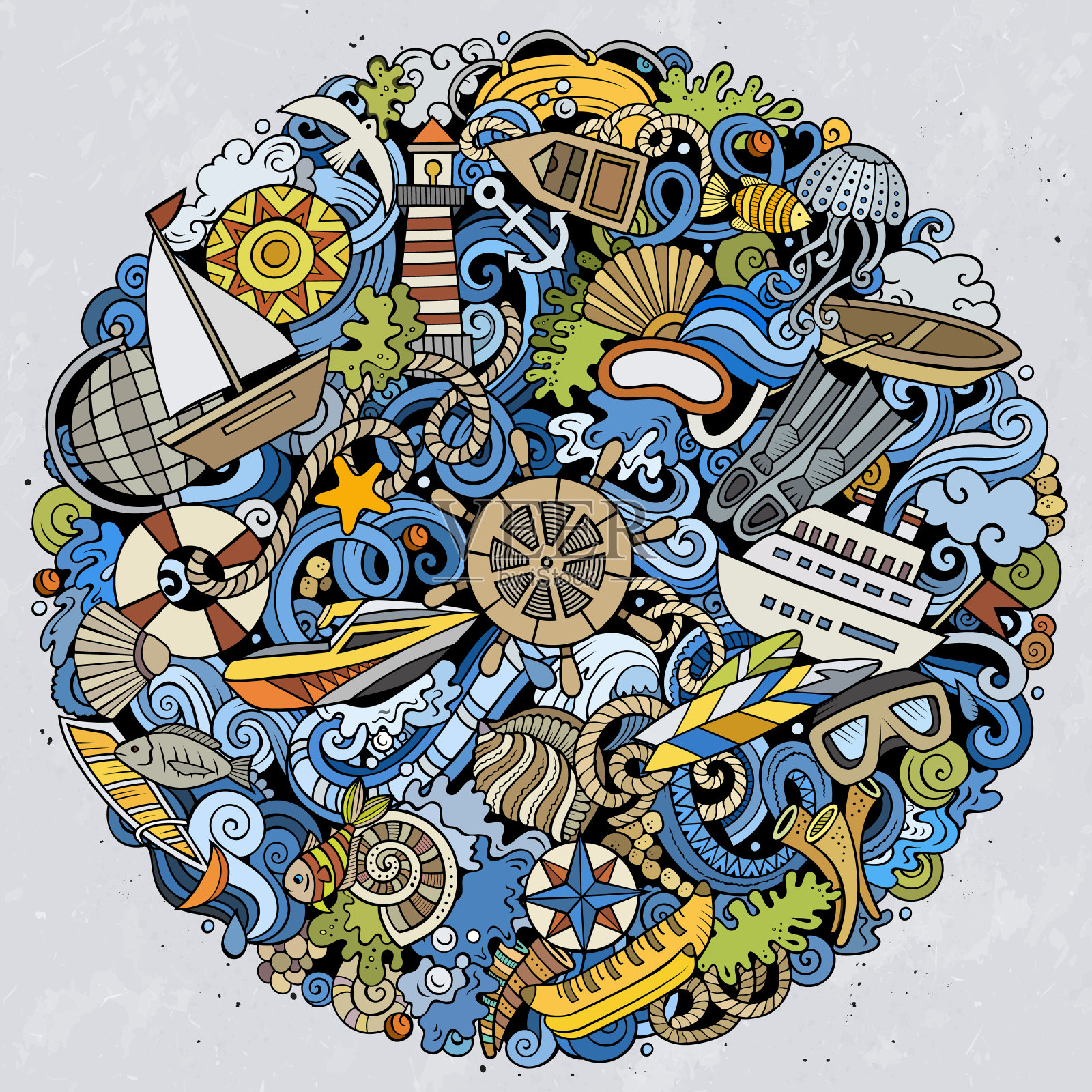 海洋手绘矢量涂鸦插图。有趣的图片颜色。插画图片素材