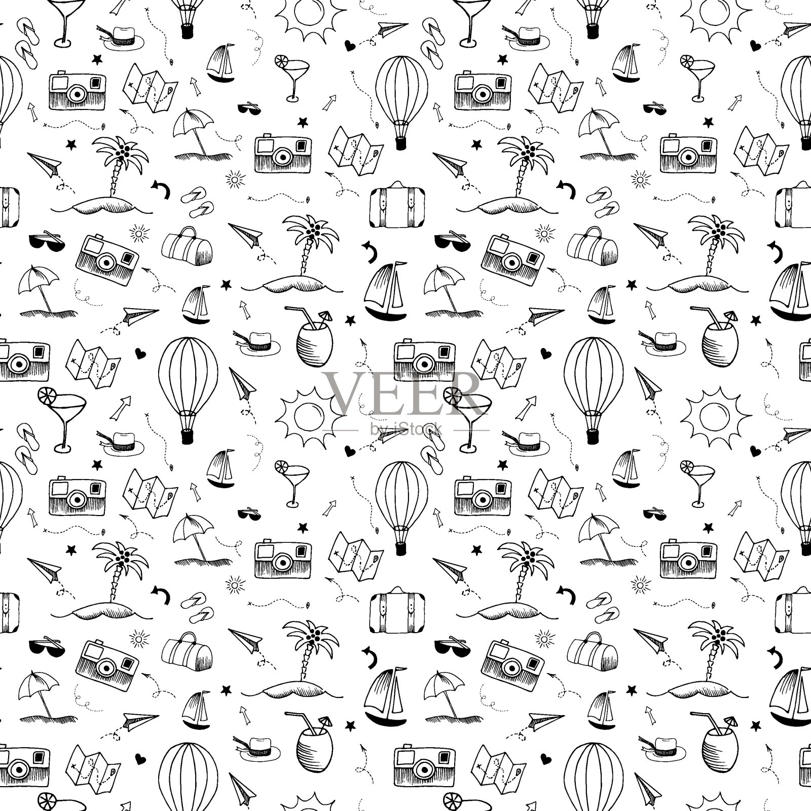 旅行涂鸦图案。无缝的向量的背景。简单的矢量插图在白色透明的背景。插画图片素材