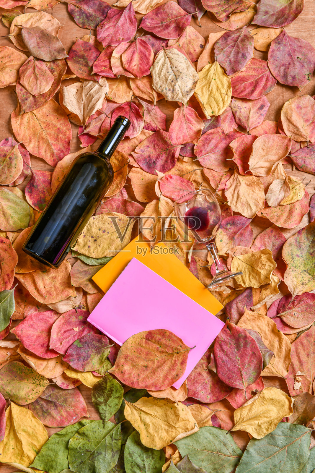 黄叶上的空酒瓶。照片摄影图片