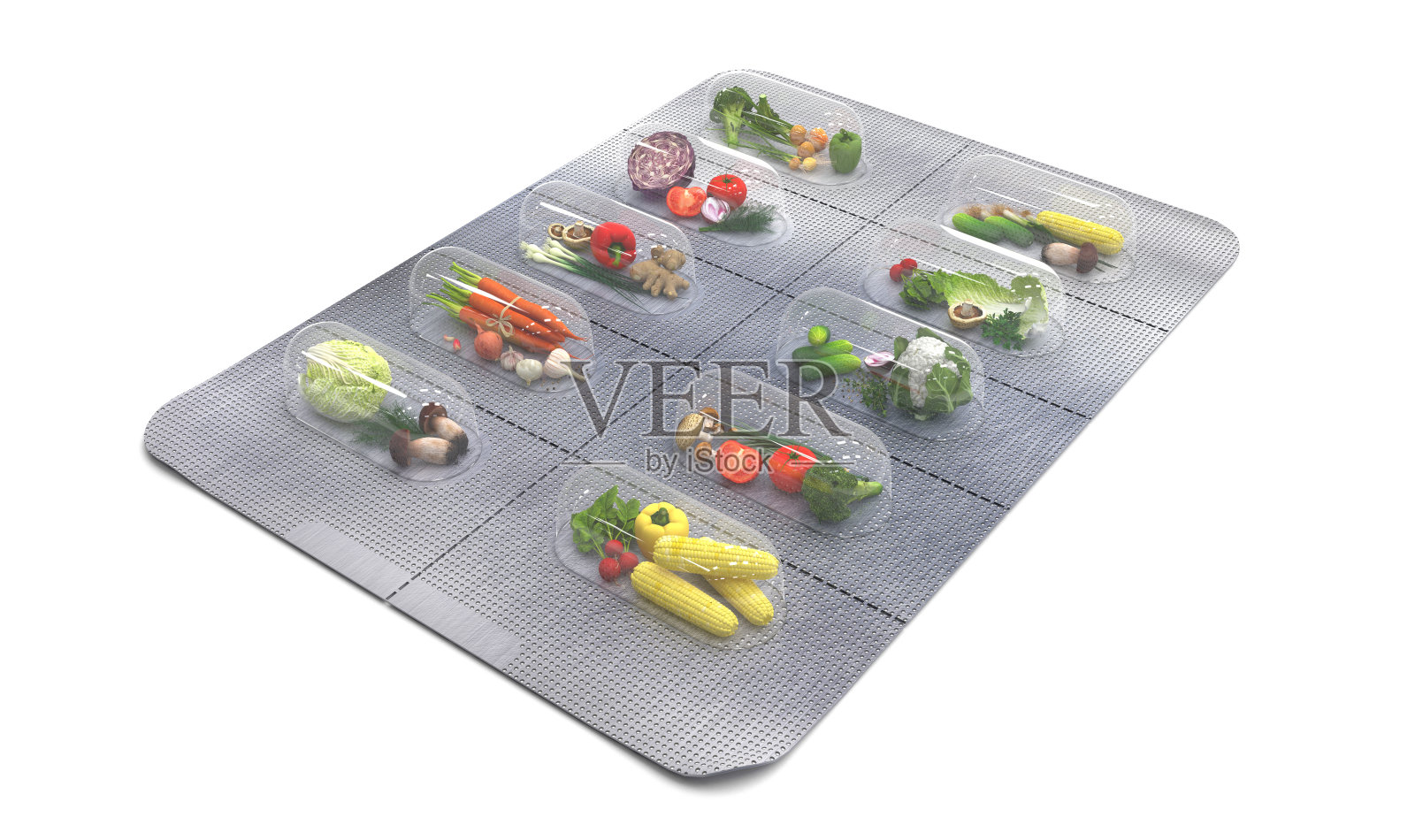 天然维生素片。泡在新鲜蔬菜里而不是药丸。lternative药。健康饮食的多种维生素和膳食补充剂。创造性的概念。3 d渲染插图。照片摄影图片