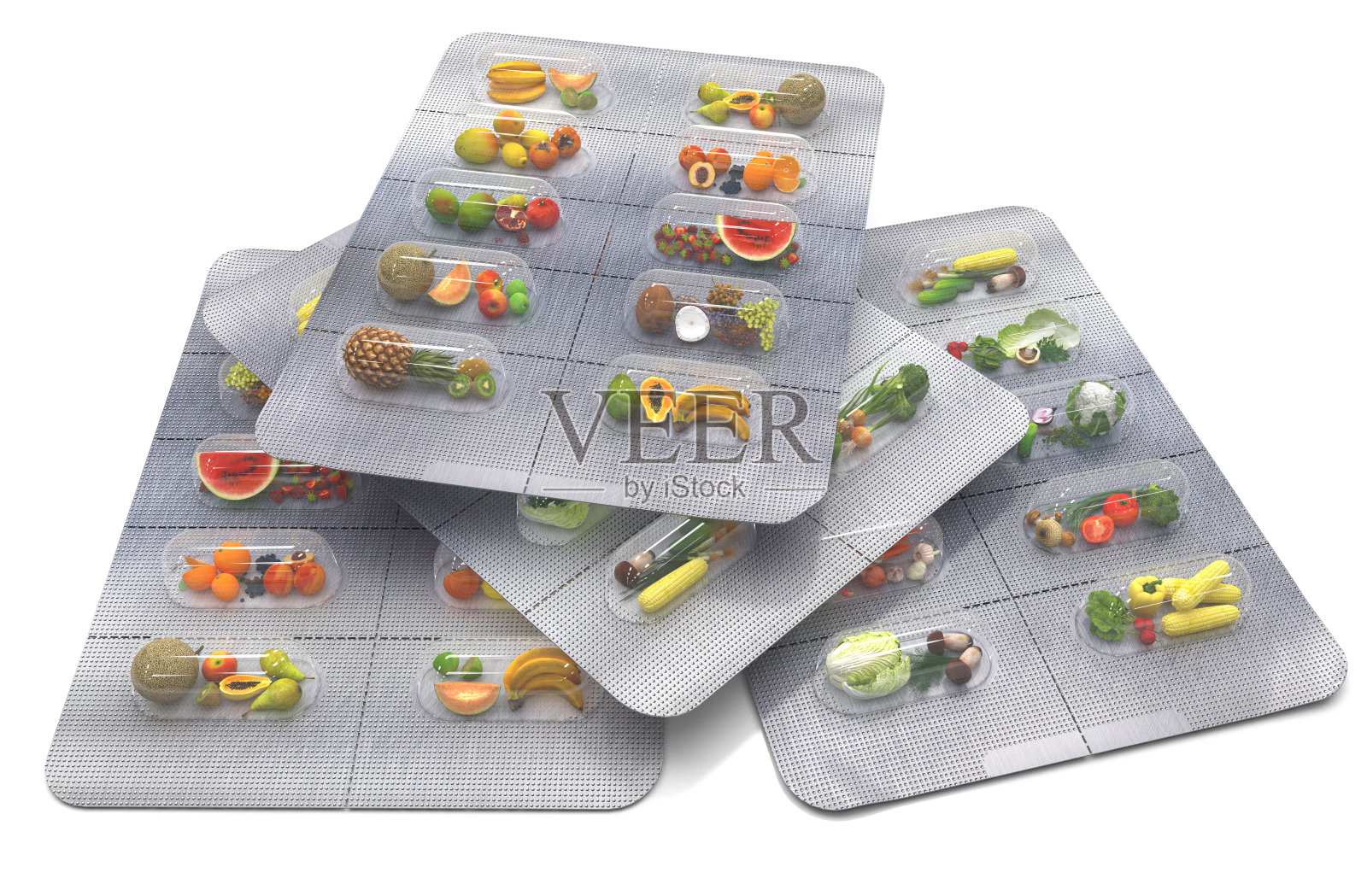 天然维生素片。新鲜蔬菜和水果在水泡而不是药丸。lternative药。健康饮食的多种维生素和膳食补充剂。创造性的概念。3 d渲染。照片摄影图片