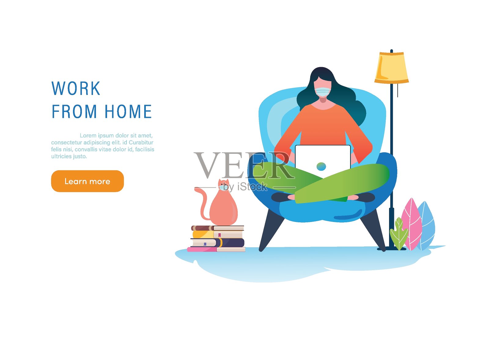 在家工作。冠状病毒穿着防护面具。在家工作。呆在家里插画图片素材