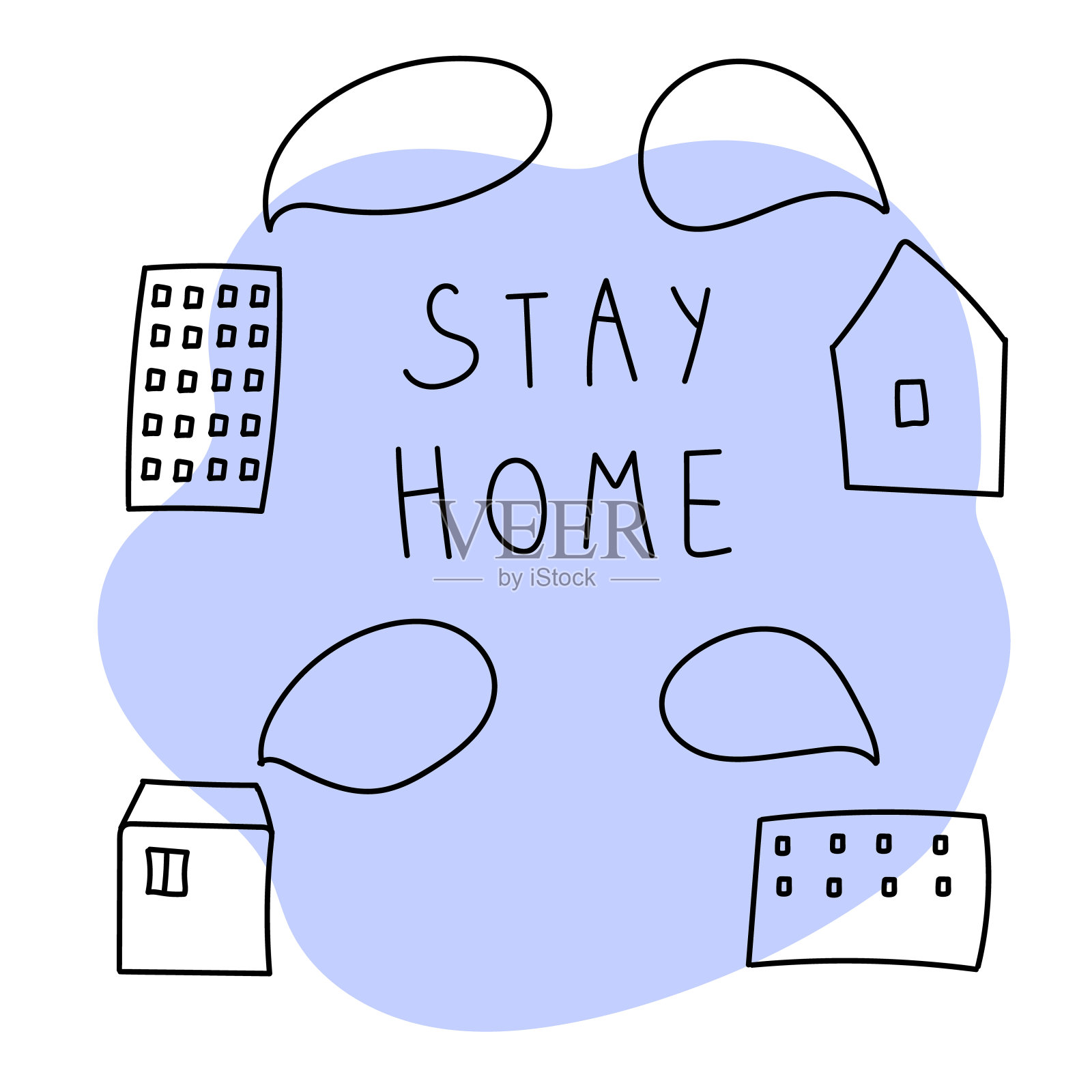 四房说:待在家里,蓝色背景上有拷贝空间插画图片素材