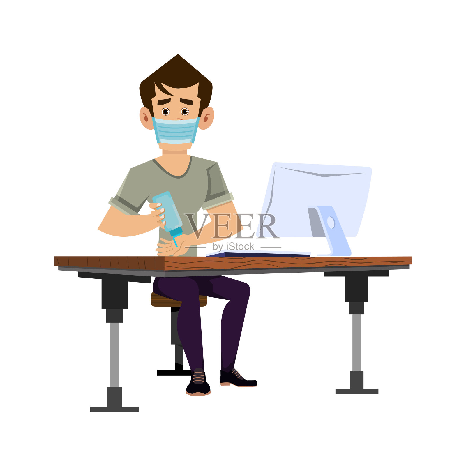 男人在家工作,用酒精凝胶洗他的had。平面风格矢量插图插画图片素材