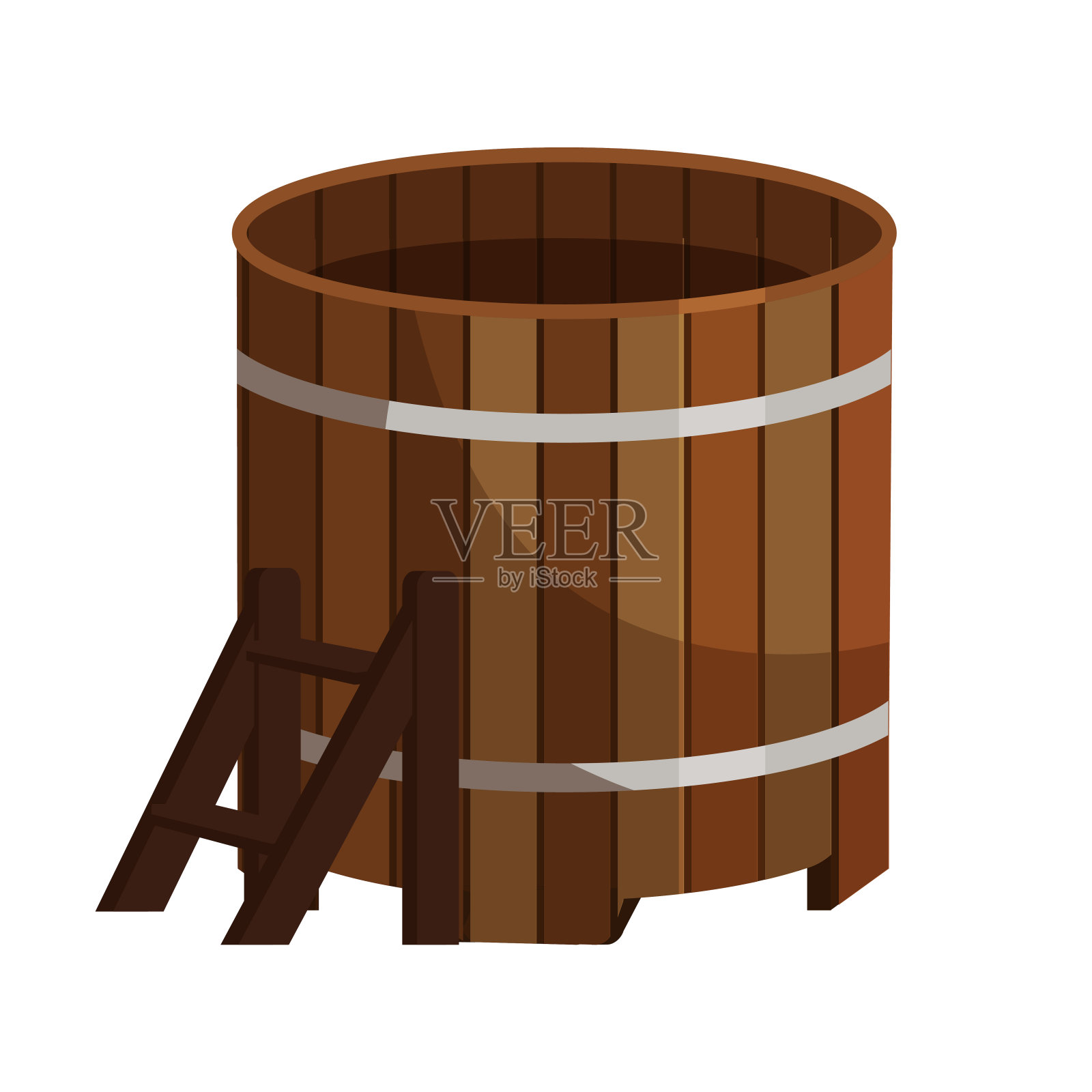 木制浴缸与水隔离在白色背景设计元素图片