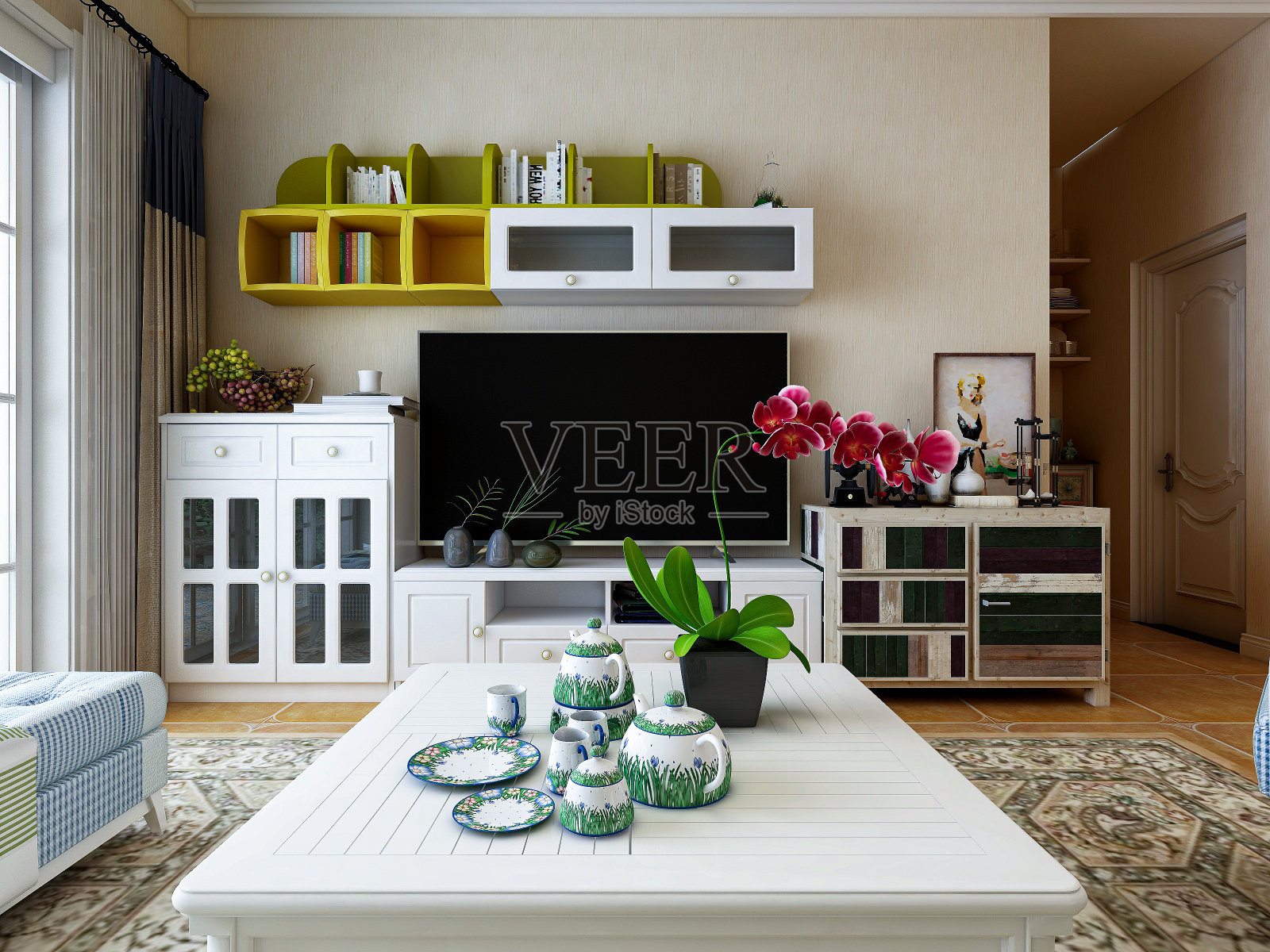 3D渲染,干净整洁的地中海风格客厅设计,配有门柜、沙发、电视、桌子、躺椅等设施照片摄影图片