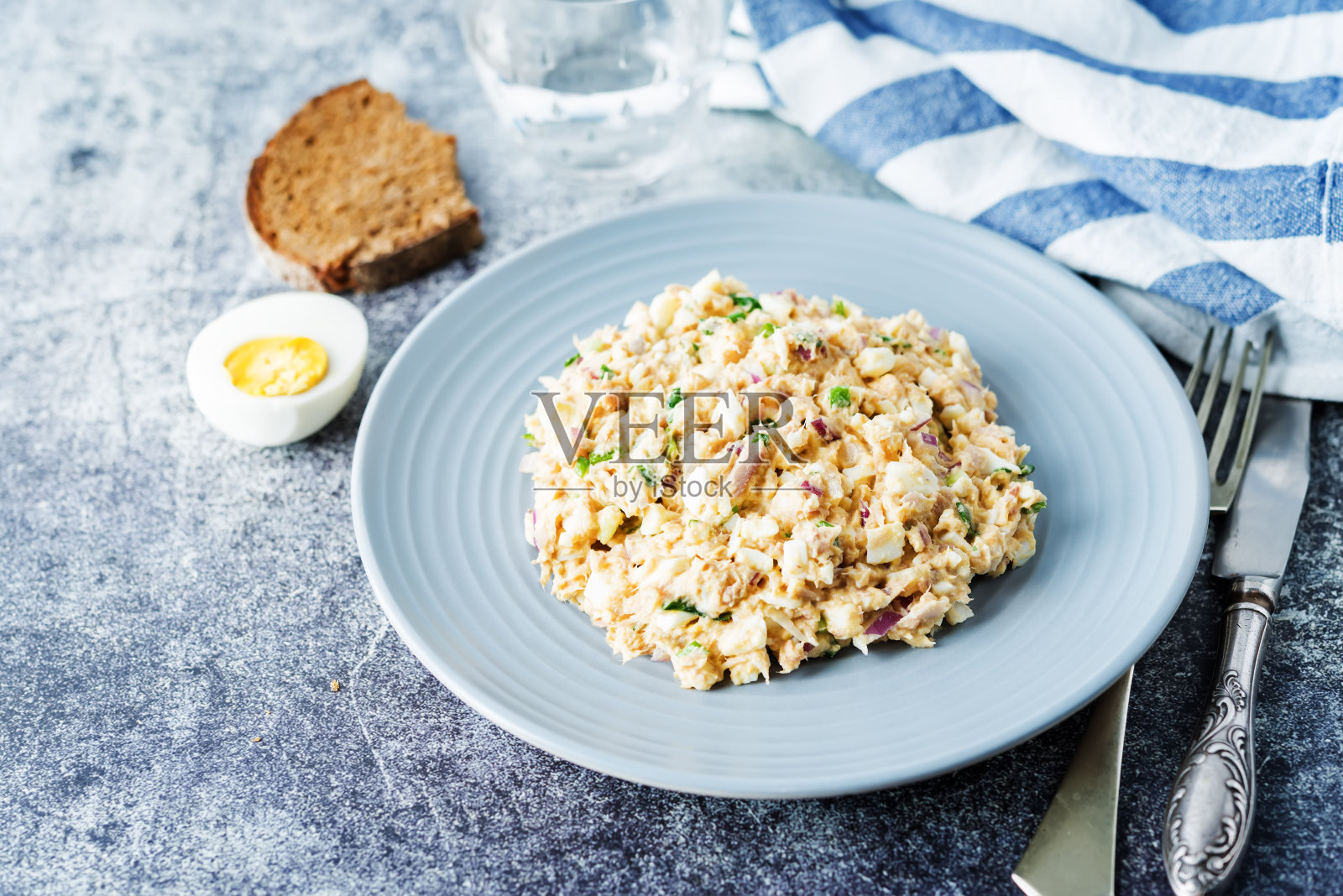 罐头金枪鱼红洋葱鸡蛋沙拉在盘子里照片摄影图片