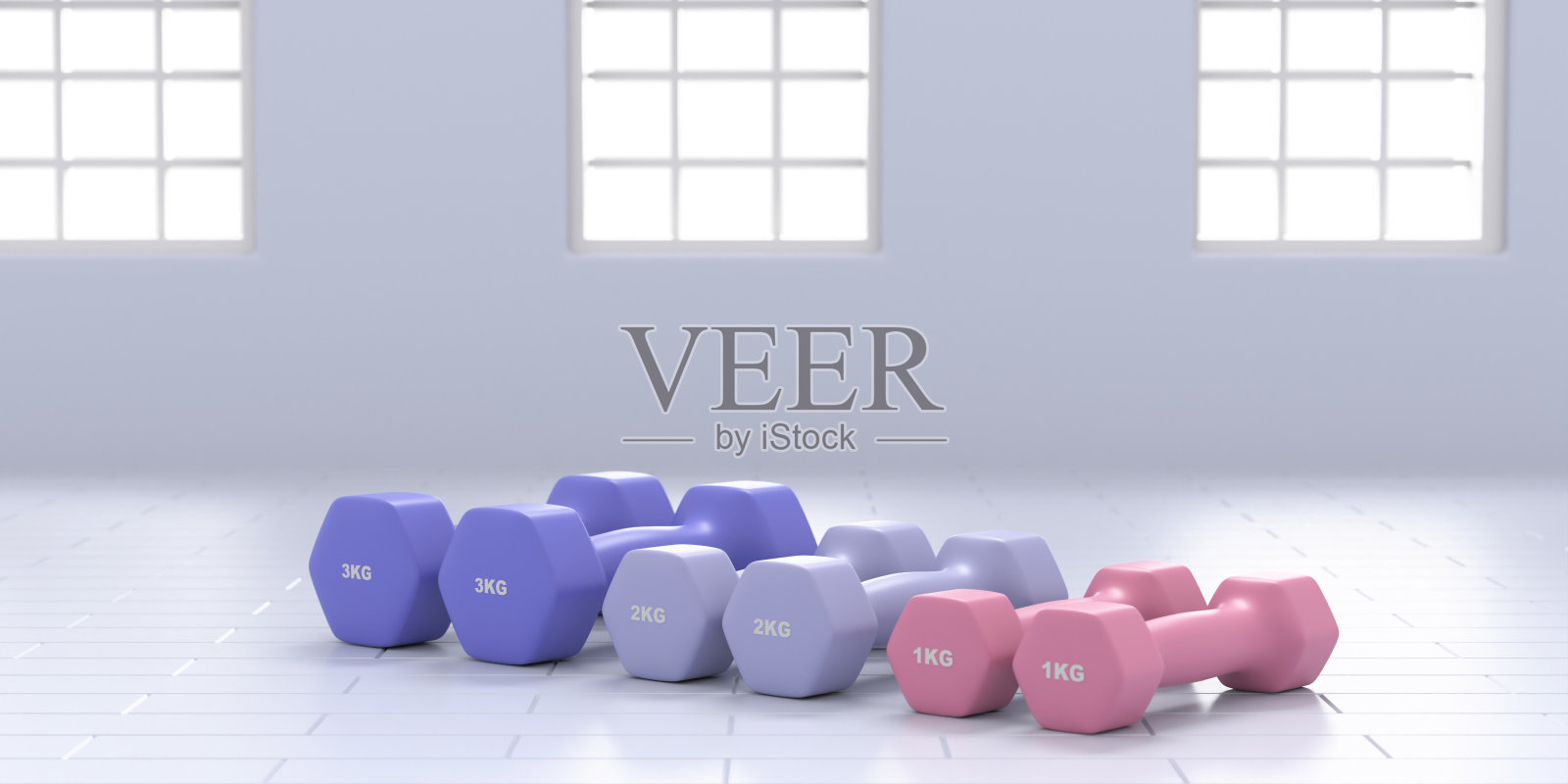 各种重量和颜色的哑铃放在瓷砖地板上。三维演示照片摄影图片