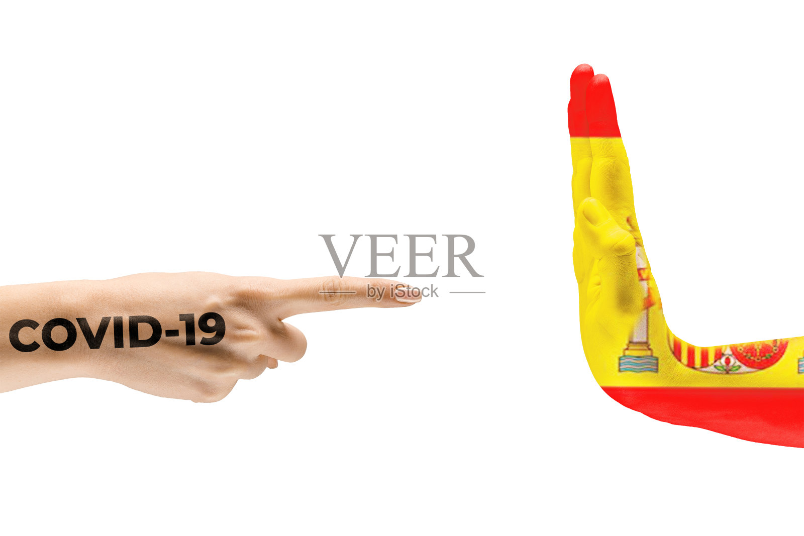 遏制疫情:绘有西班牙国旗颜色和冠状病毒的人手照片摄影图片