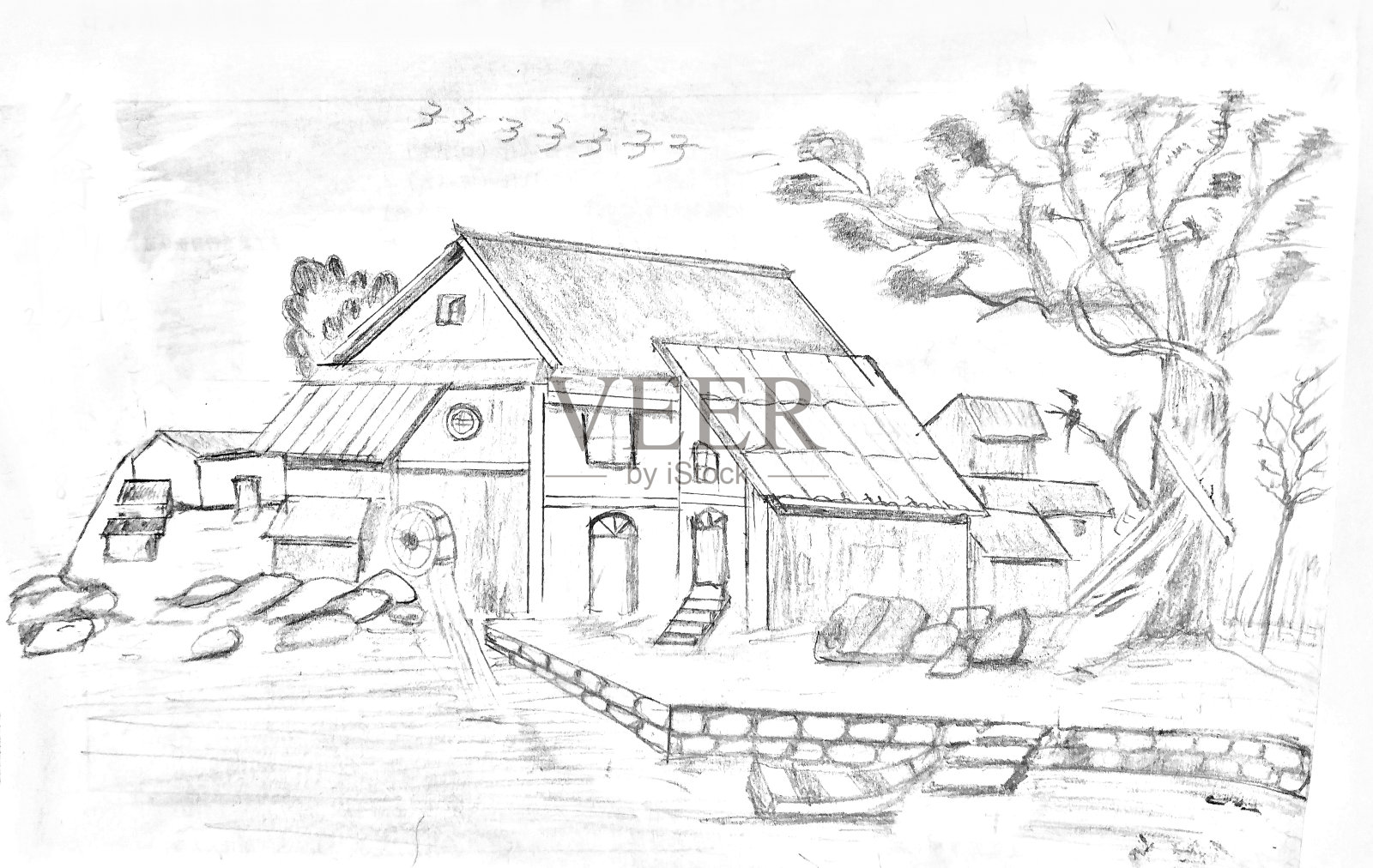 手绘铅笔风景在白纸上插画图片素材