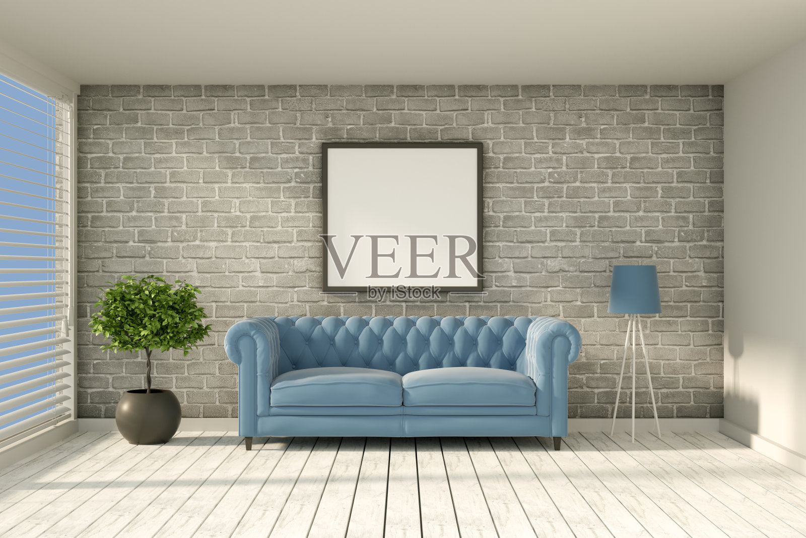 3D室内,客厅,沙发和空框架砖墙和阳光照片摄影图片