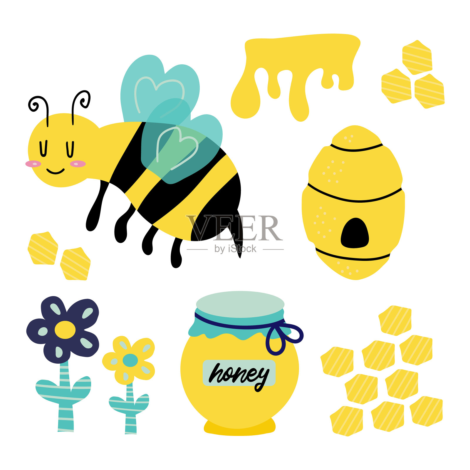 设置蜂窝,蜜蜂,黄蜂,蜂箱,蜂蜜,花。矢量插图卡通平面图标孤立在白色。为你设计插画图片素材