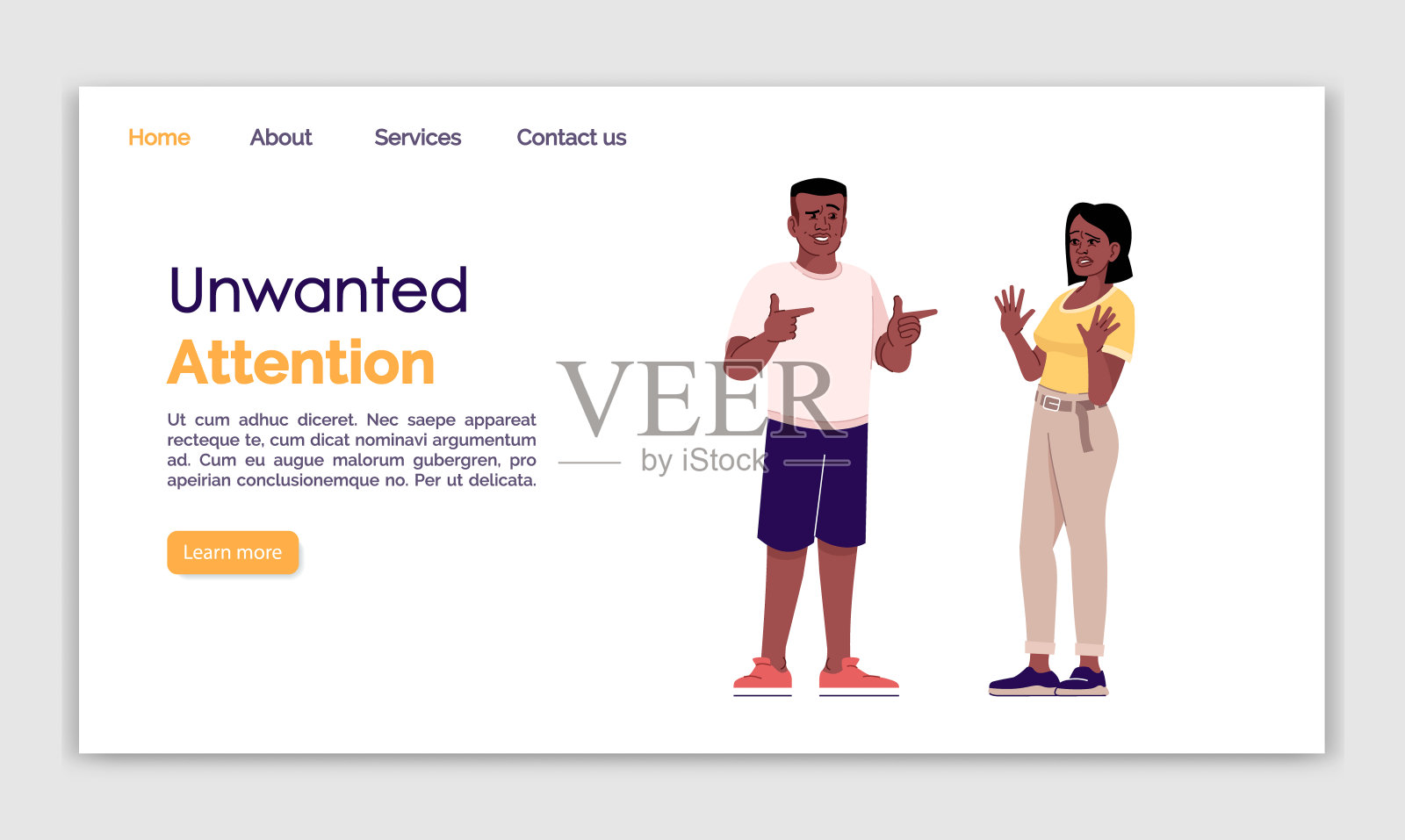 不必要的注意登陆页面向量模板。讨厌的调情网站界面与平面插图的想法。骚扰主页布局。保护网页横幅暴力,网页卡通概念插画图片素材