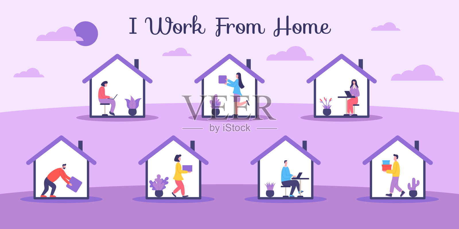 我在家工作,人们在自我隔离期间做各种工作。自我隔离活动的说明。在冠状病毒隔离期间保持社交距离和自我隔离。插画图片素材