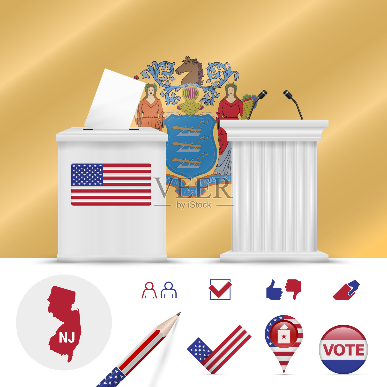 新泽西州总统选举:矢量旗帜、投票箱和地图图标插画图片素材