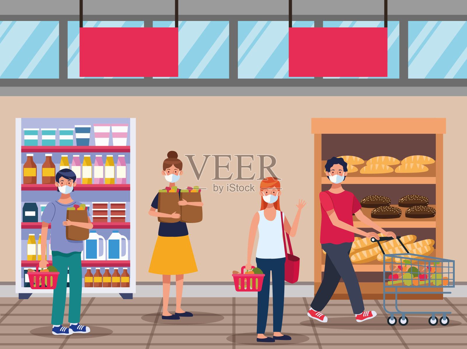 人们带着口罩在超市购物插画图片素材