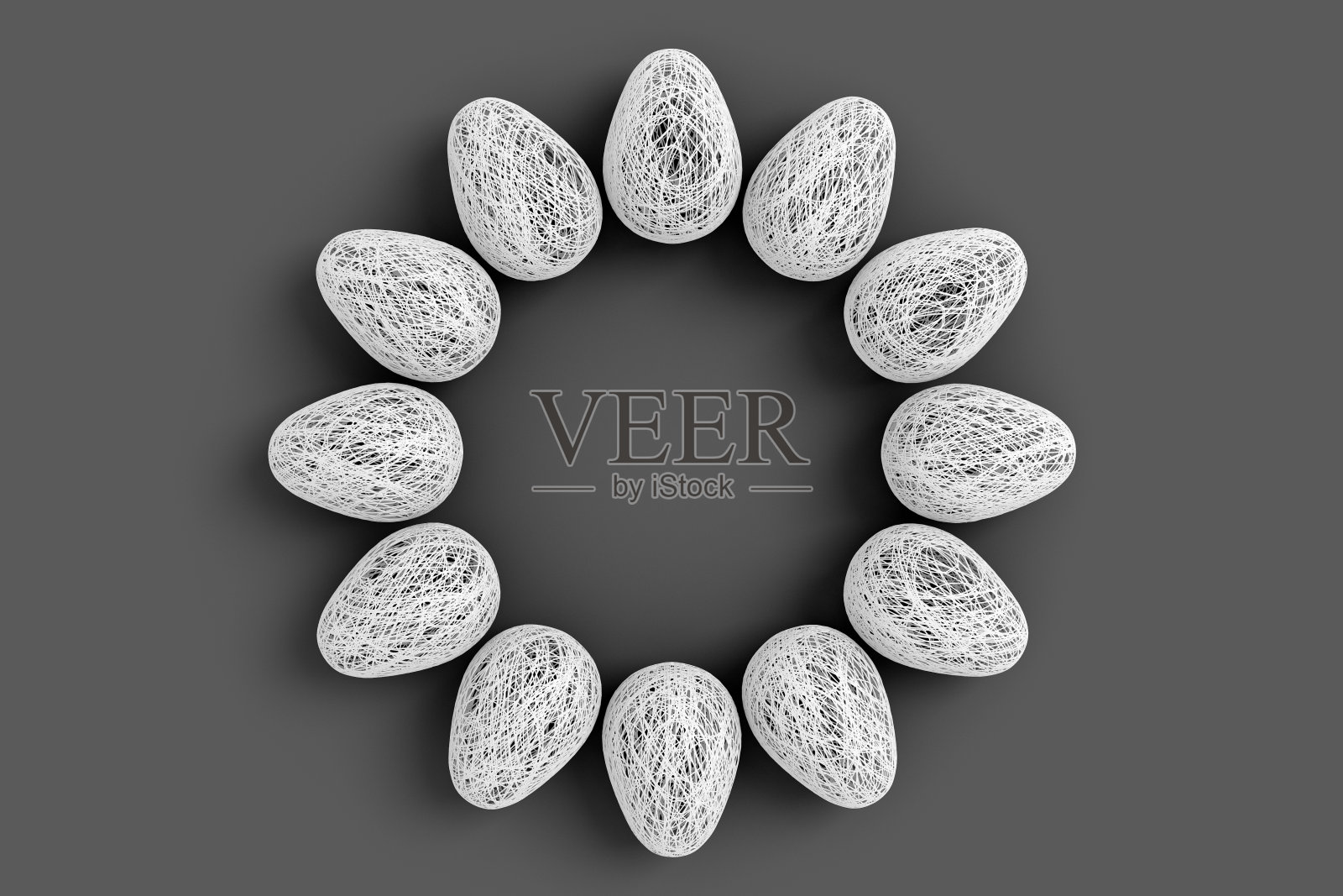 复活节的概念。在黑色的背景上,许多鸡蛋是由许多白色的亮线交织在一起编织成一个圆圈,中间空出一个空间。3 d股票插图。照片摄影图片