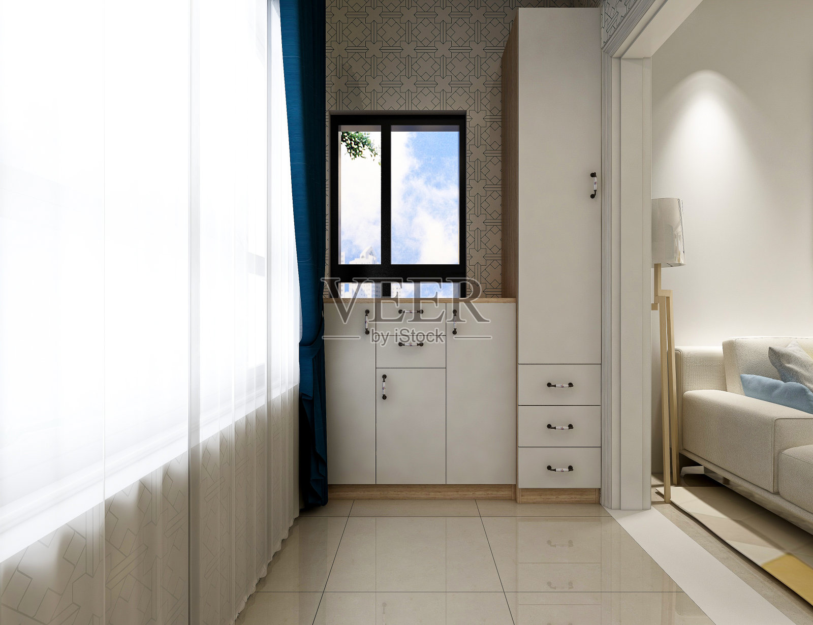 3D效果图,宽敞明亮的城市住宅封闭式阳台设计,绿色植物和家用电器看起来休闲舒适照片摄影图片