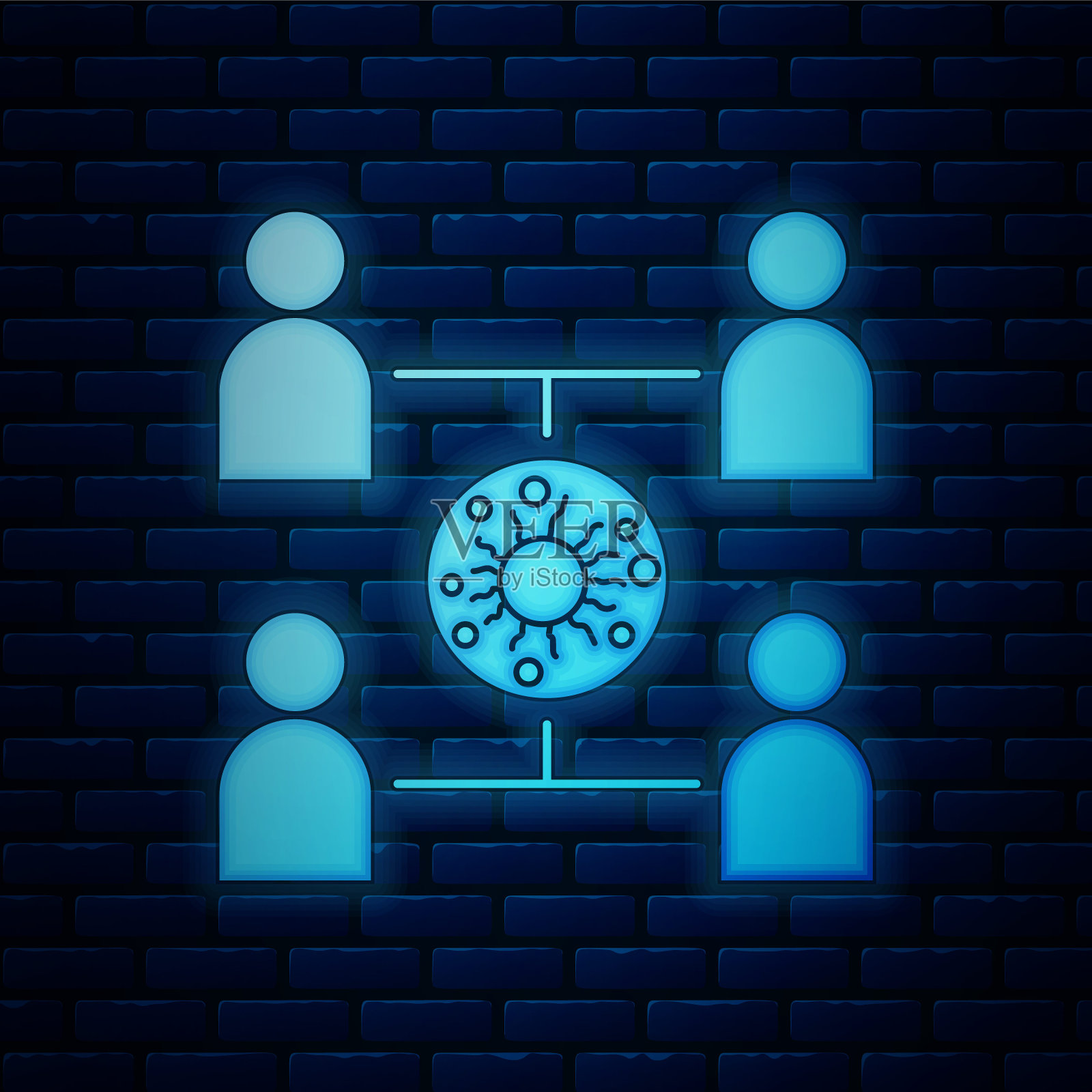 霓虹灯病毒传播图标隔离在砖墙背景上。冠状病毒感染信息图。矢量图插画图片素材