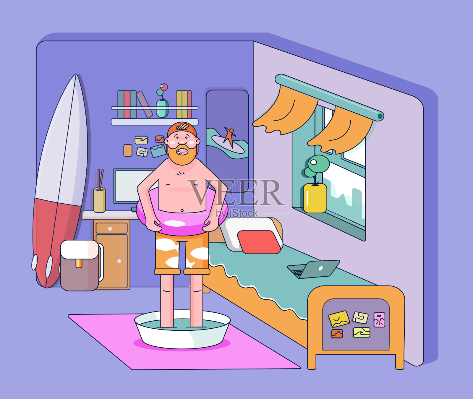 房间里的男人想象自己正在海边休息。颜色向量插图。插画图片素材