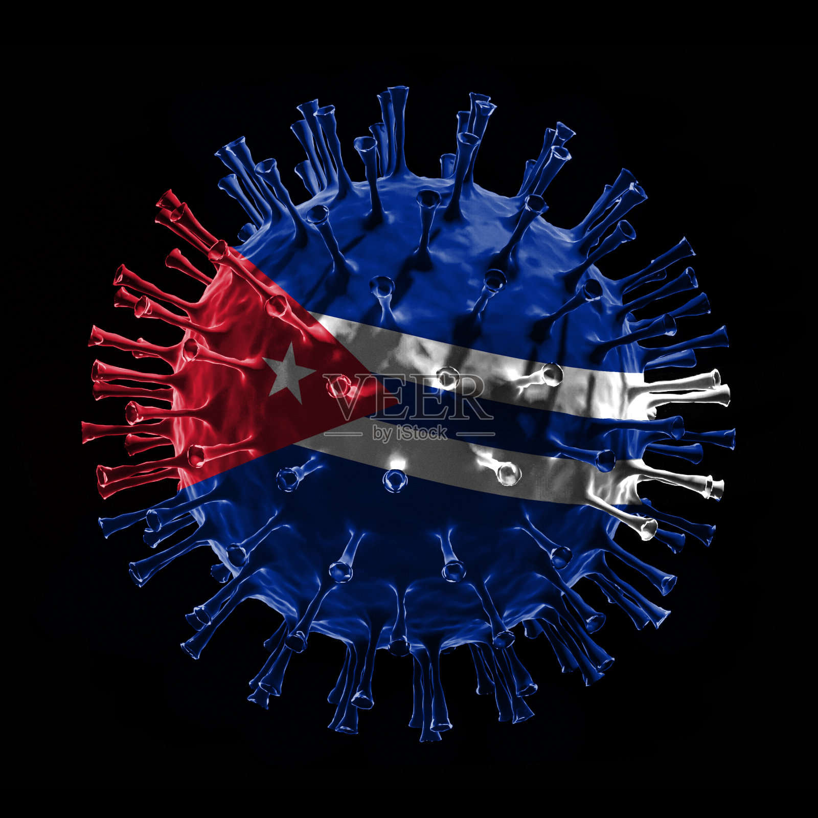 关于Covid-19的古巴国旗是病毒概念。三维渲染照片摄影图片