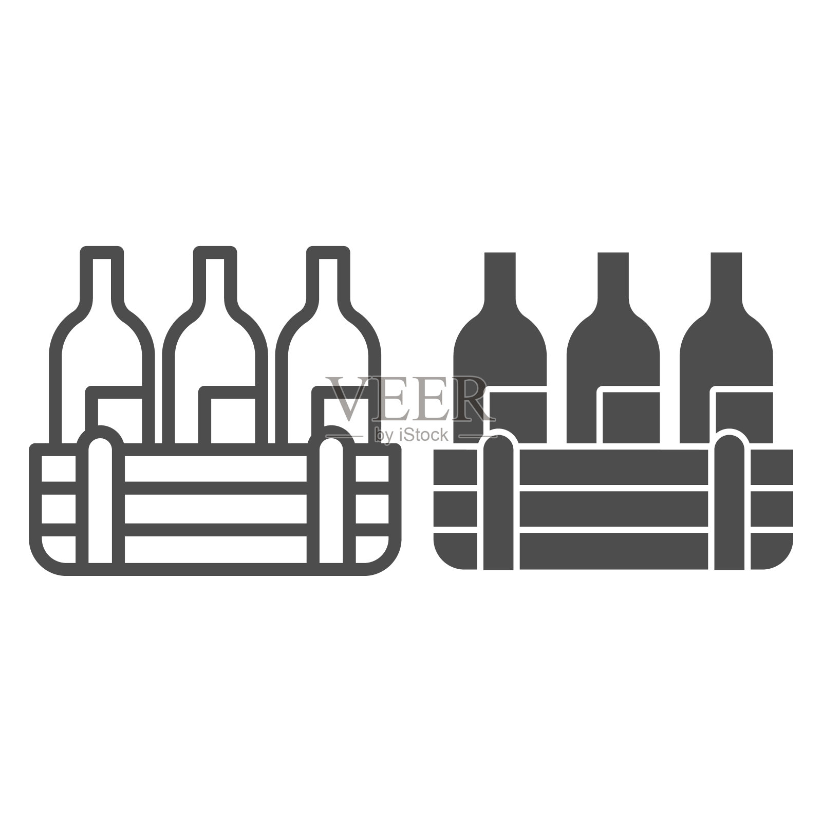 盒子的酒瓶线和固体图标。酒精饮料瓶在木条箱轮廓风格象形在白色的背景。酒厂生产标识的移动概念和网页设计。矢量图形。图标素材