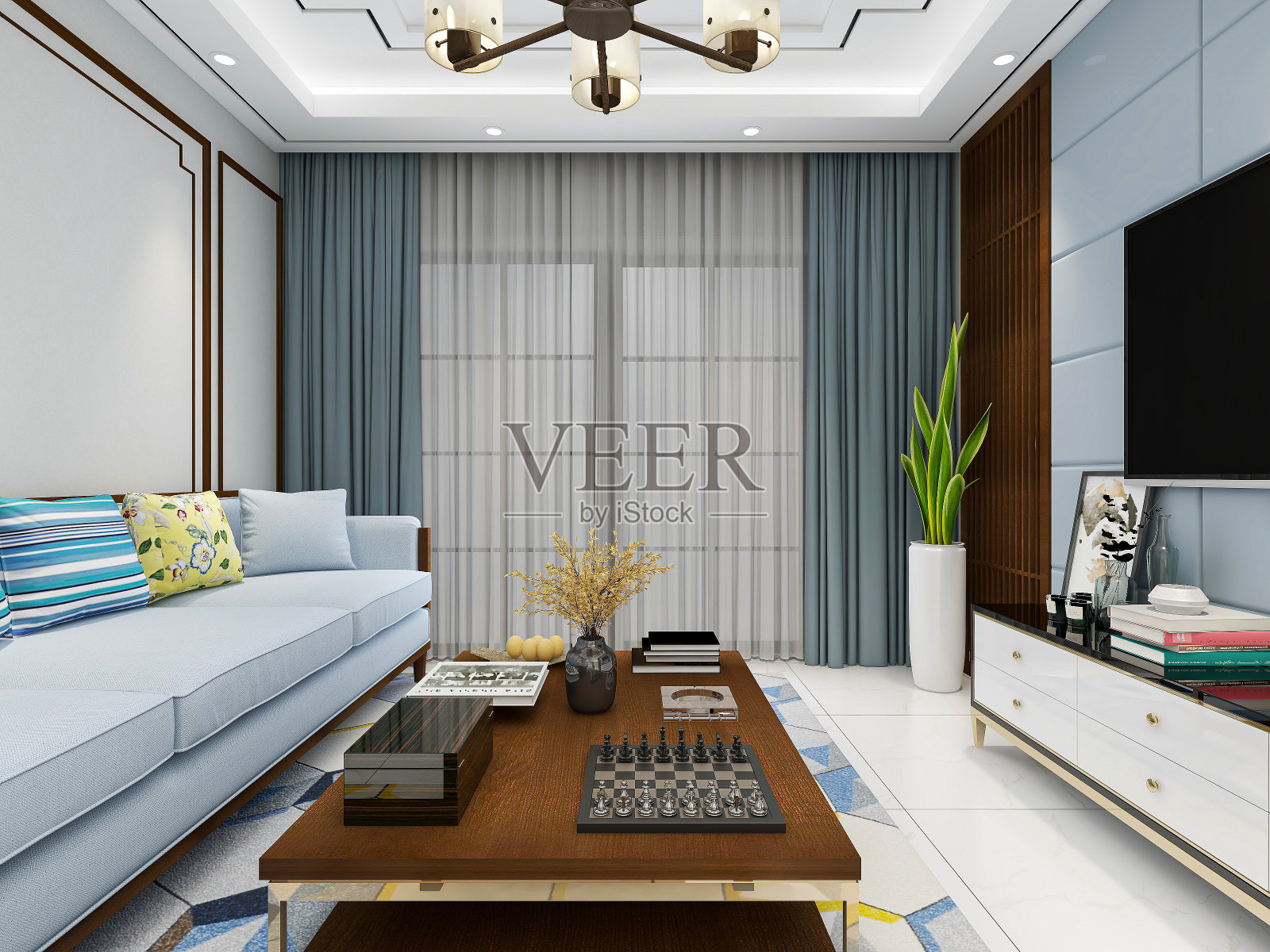 3D效果图,干净整洁的现代客厅设计,入口配有鞋柜、沙发、电视、桌子、休闲椅等设施照片摄影图片