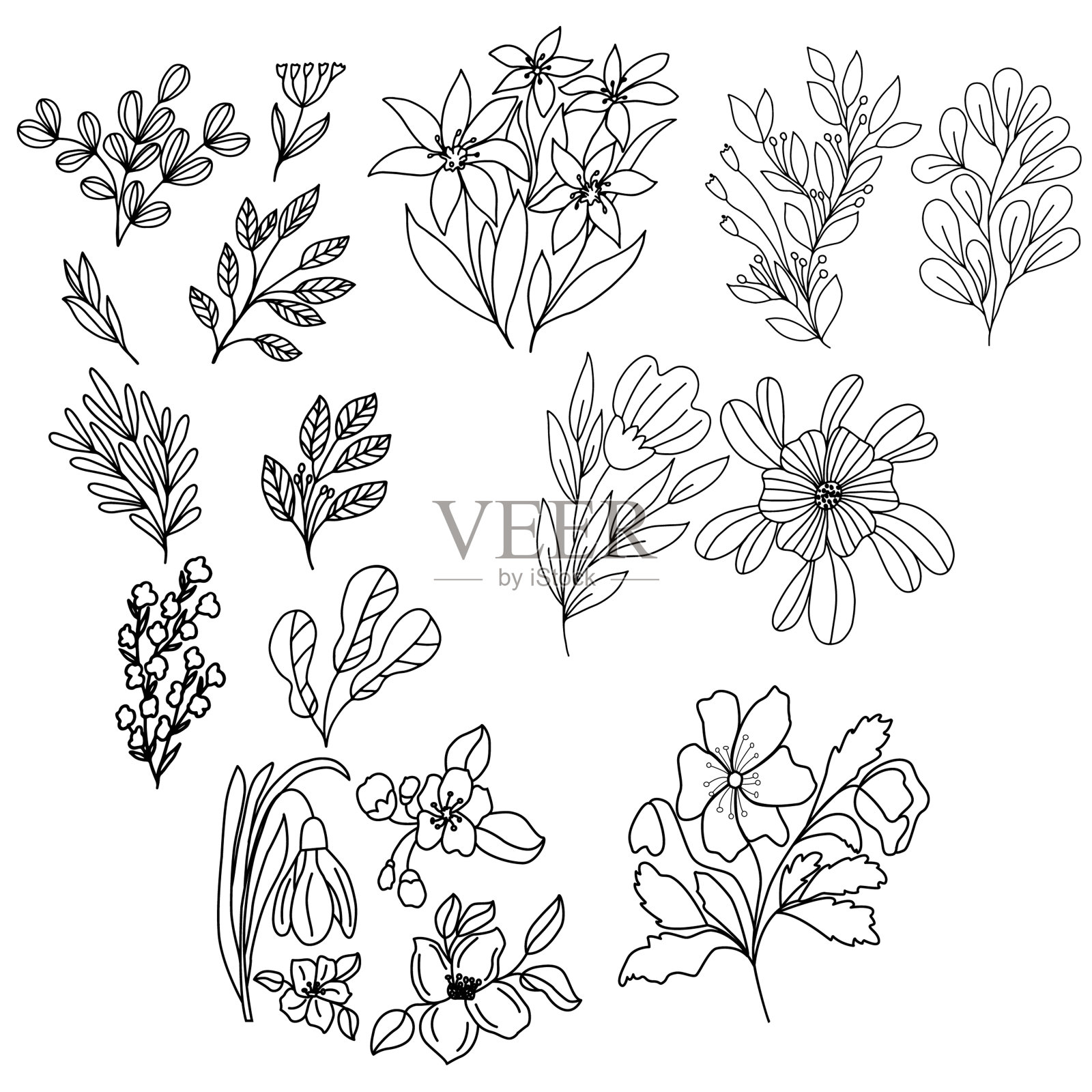 一套矢量图形花,在一个线性的风格,装饰墙纸,纹身,笔记本封面,包装纸,打印的衣服,贴纸插画图片素材