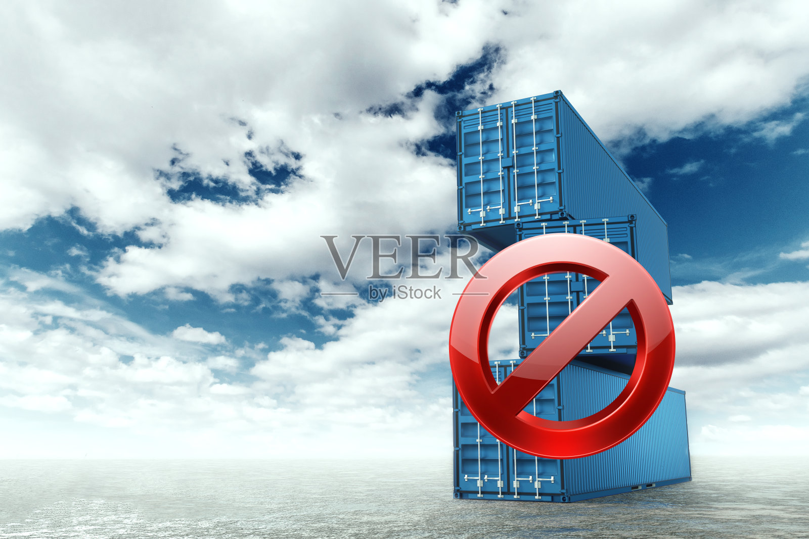 集装箱被禁止标志封闭的工业港口,生产停止概念照片摄影图片