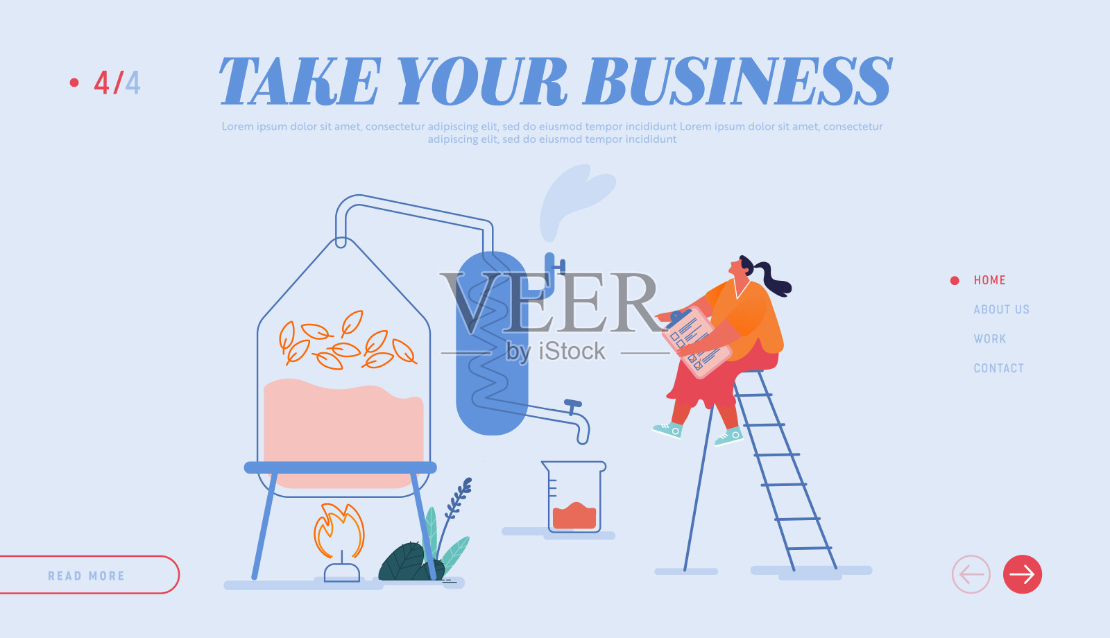 化妆品香水香水制作登陆页面模板。微小的女性角色在实验室的精油提取装置中创造了新的配方蒸馏液。卡通矢量图插画图片素材