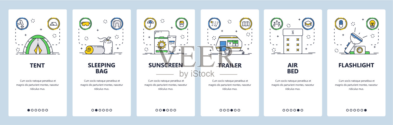 露营装备网站和移动应用程序上的屏幕矢量模板插画图片素材