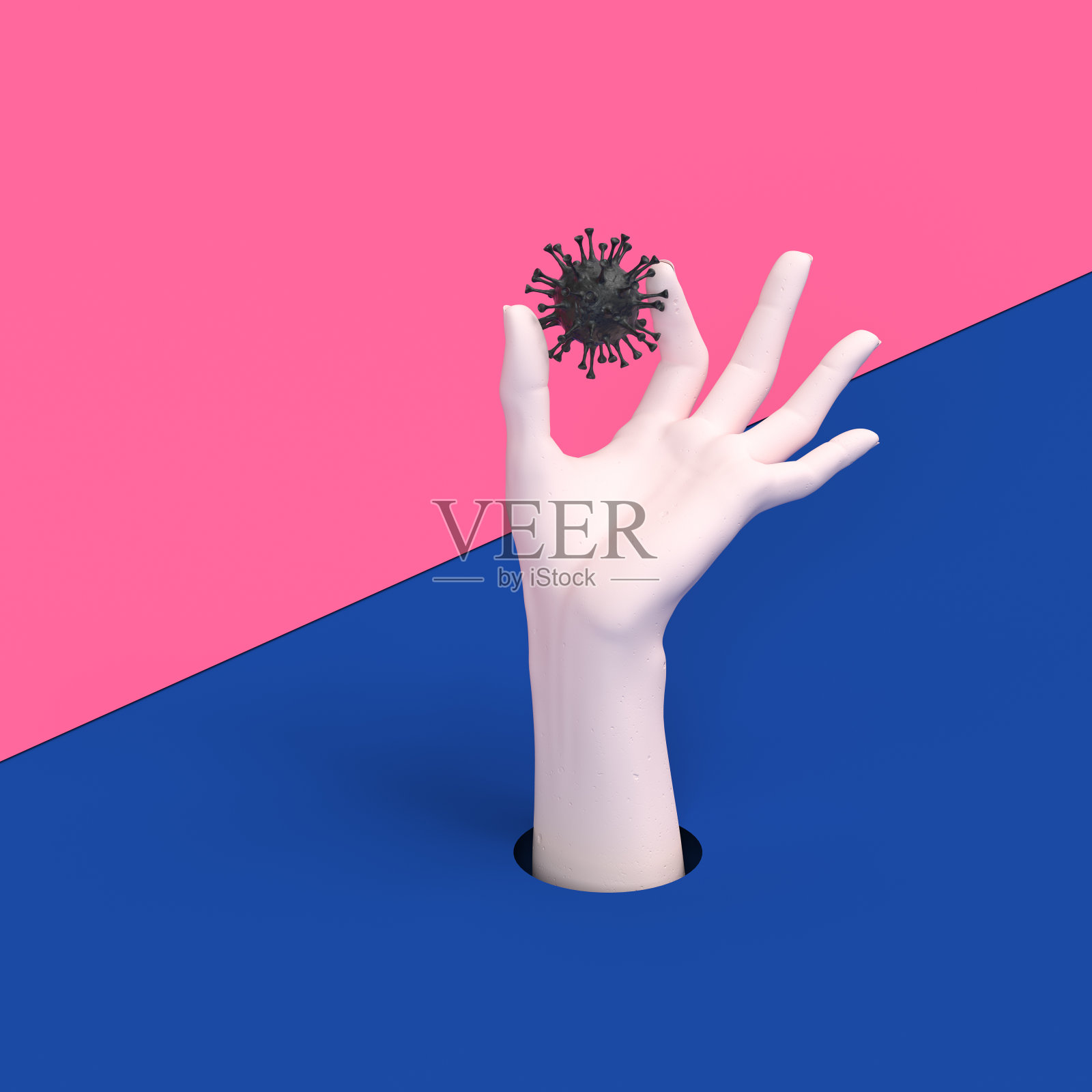 病毒感染概念海报的创作和传播。人的手和病毒细胞会流感。冠状病毒大流行。3 d演示。照片摄影图片