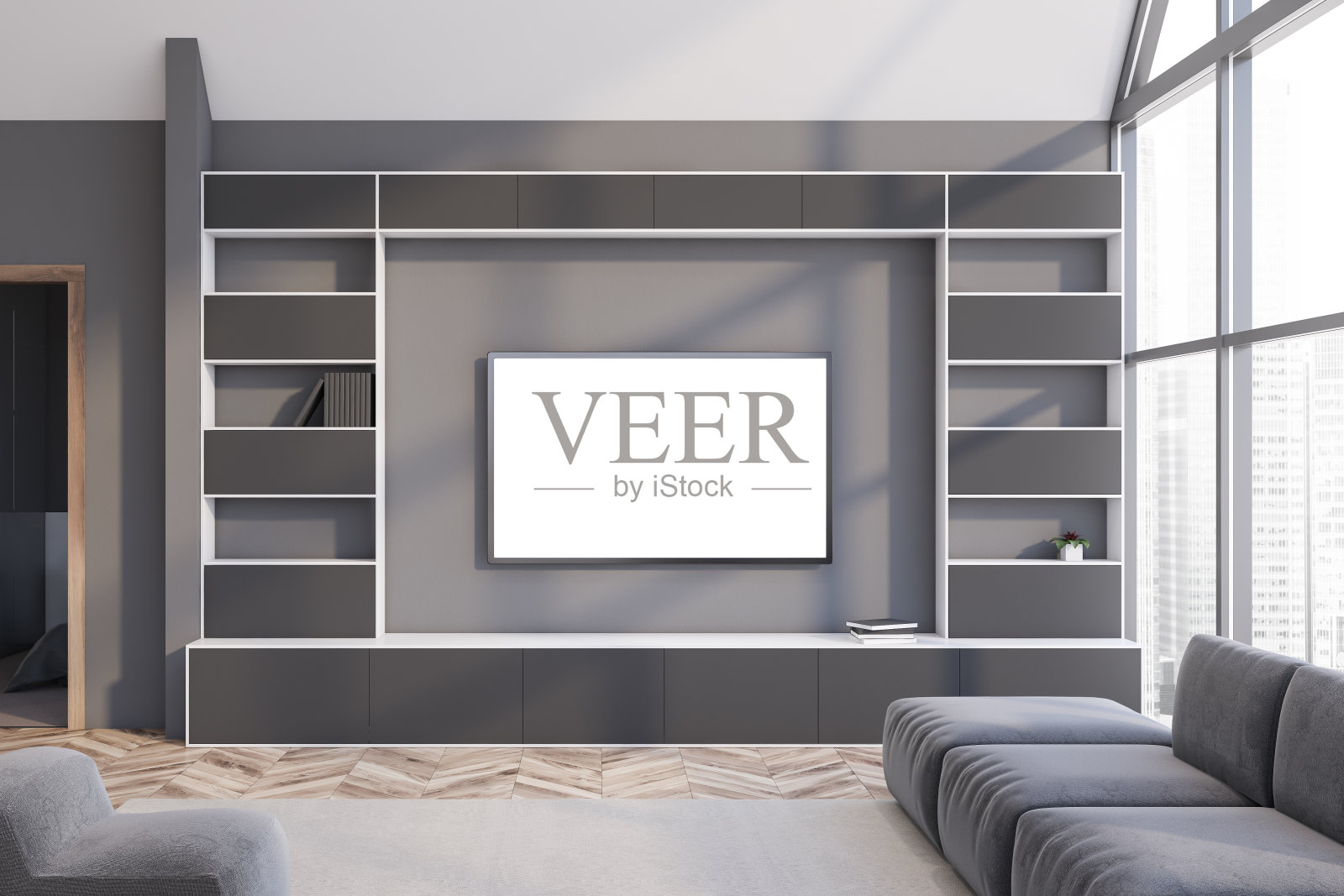 灰色客厅内部配有电视和沙发照片摄影图片