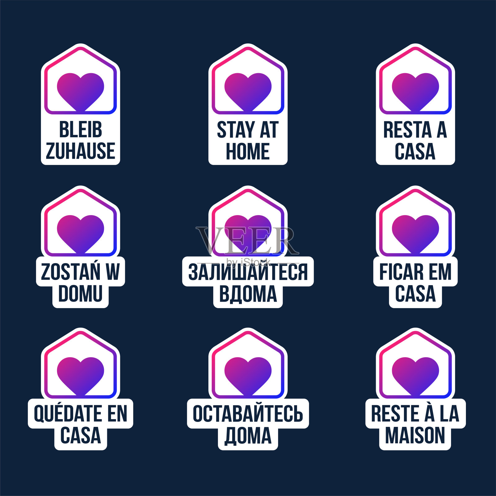 呆在家里设计矢量标签不同的语言。Covid-19冠状病毒的爆发。待在家里保护他人。网站或项目的贴纸插画图片素材