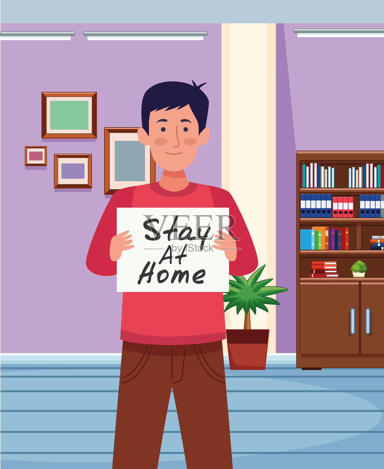 带有居家隔离新冠疫情banner的男人插画图片素材