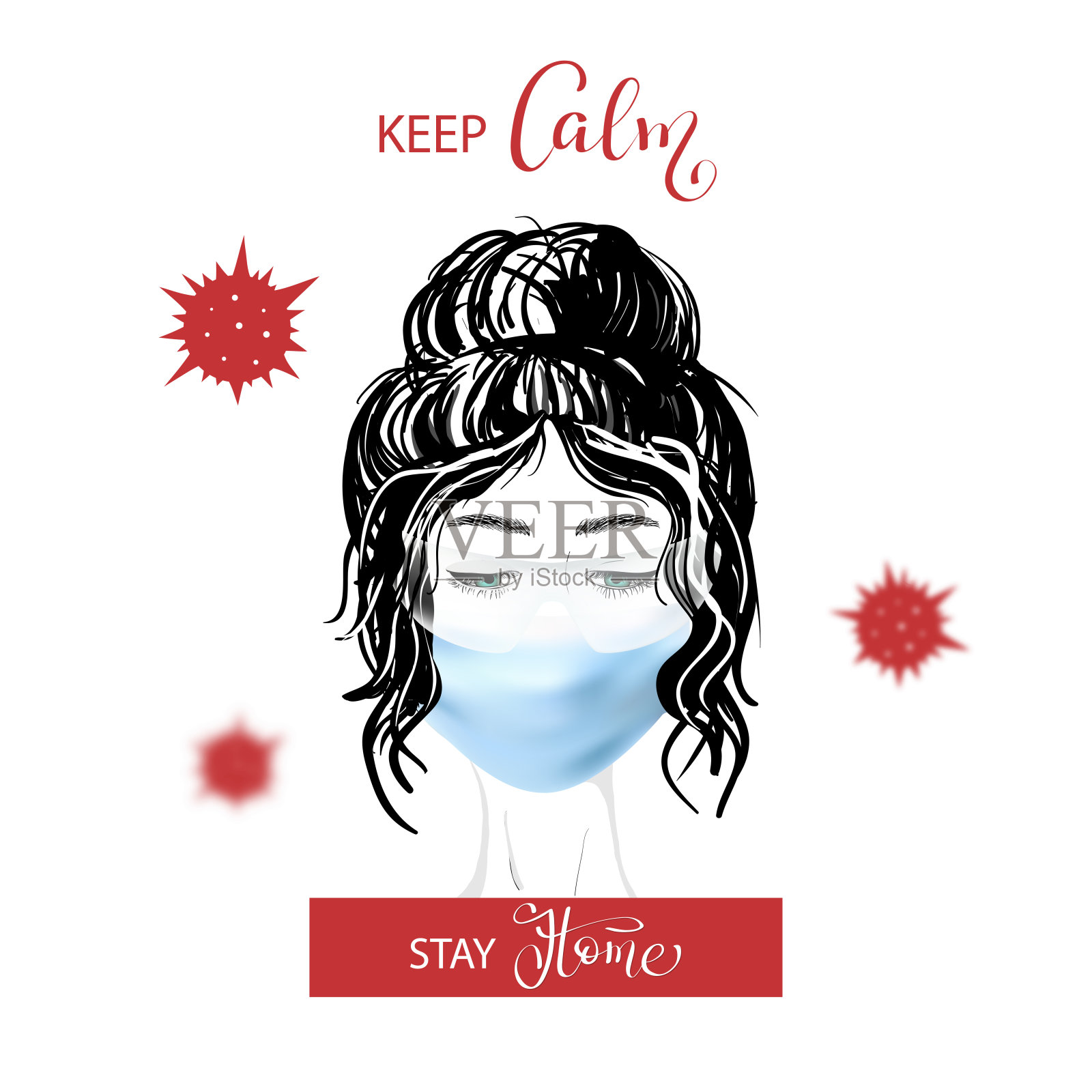 “保持冷静,待在家里”——印有年轻女性的逼真3d医用口罩和新冠病毒红细胞的口号。向量插画图片素材