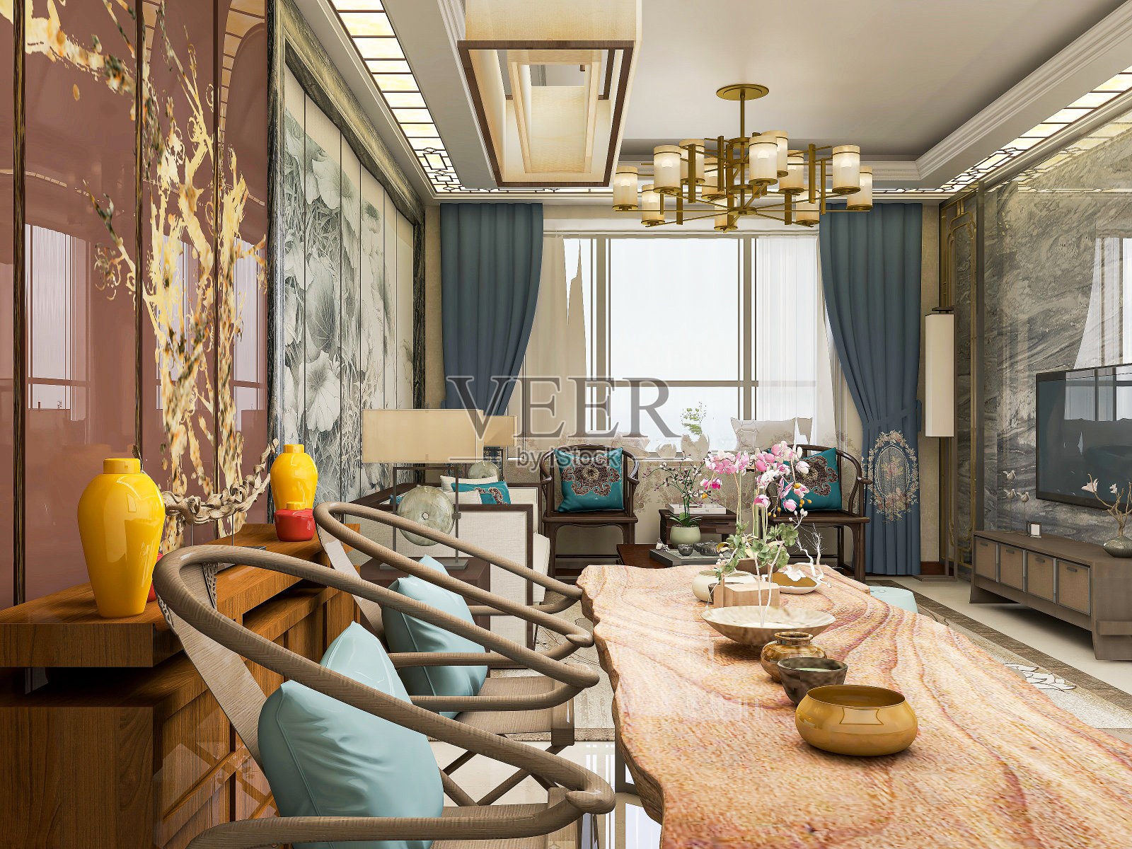 3D效果图,温馨餐厅区域设计,木制桌椅照片摄影图片