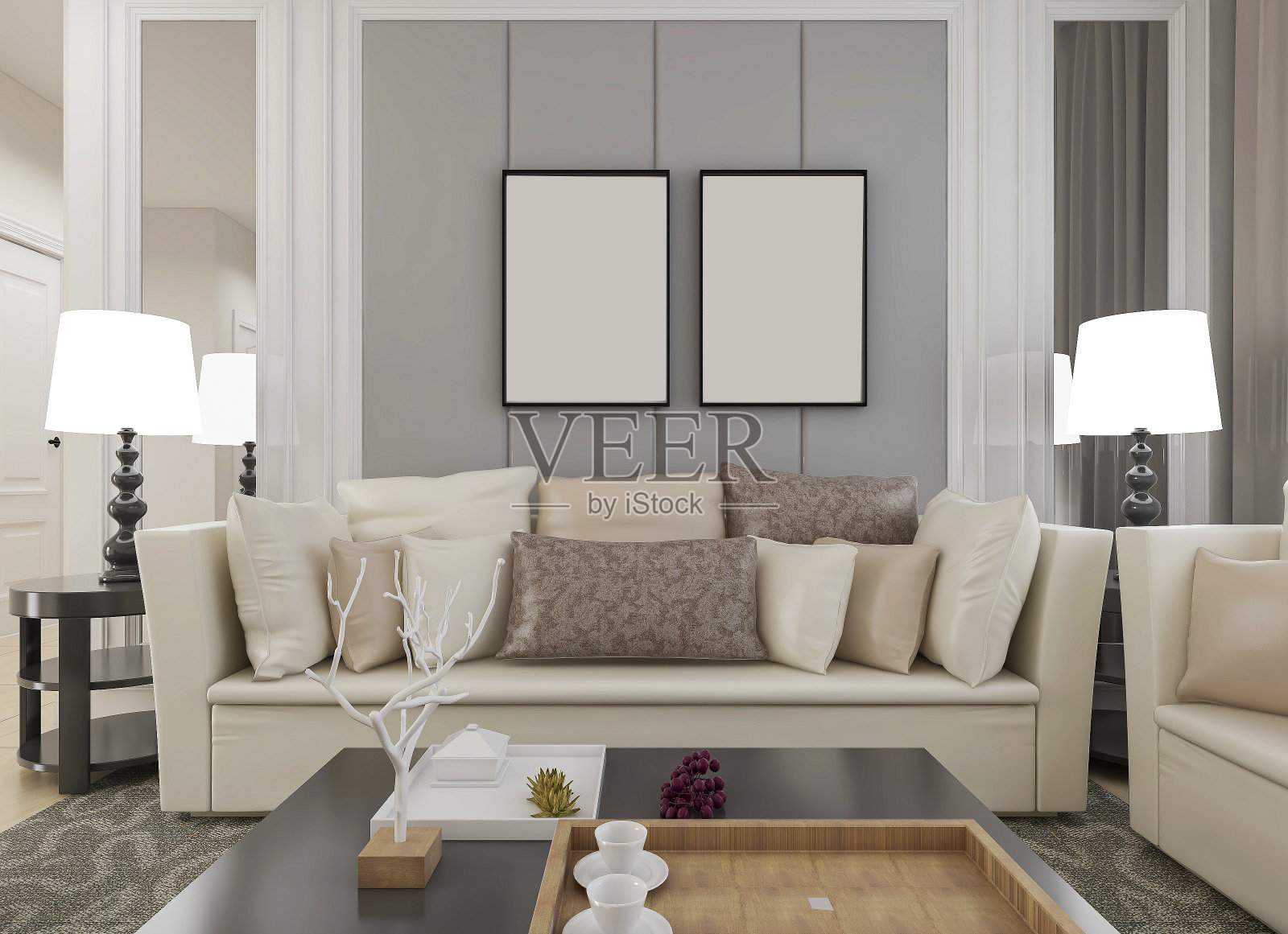 3D效果图,现代住宅宽敞的客厅设计,配有沙发、茶几、装饰画等照片摄影图片