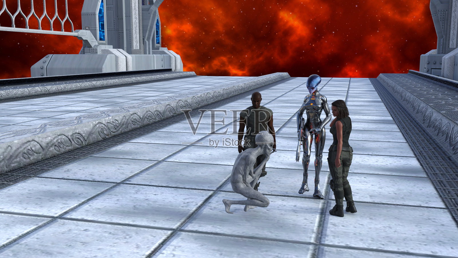 外星人和人类在太空平台上交谈的插图。照片摄影图片