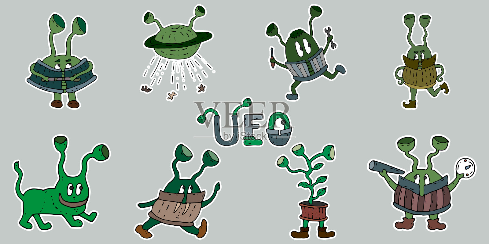 设置空间贴纸手绘。向量UFO和外星人,UFO绑架。剪贴艺术插图孤立。贴图路径外星人涂鸦矢量。空间装饰儿童的房间,杯子,t恤,卡片和传单。插画图片素材